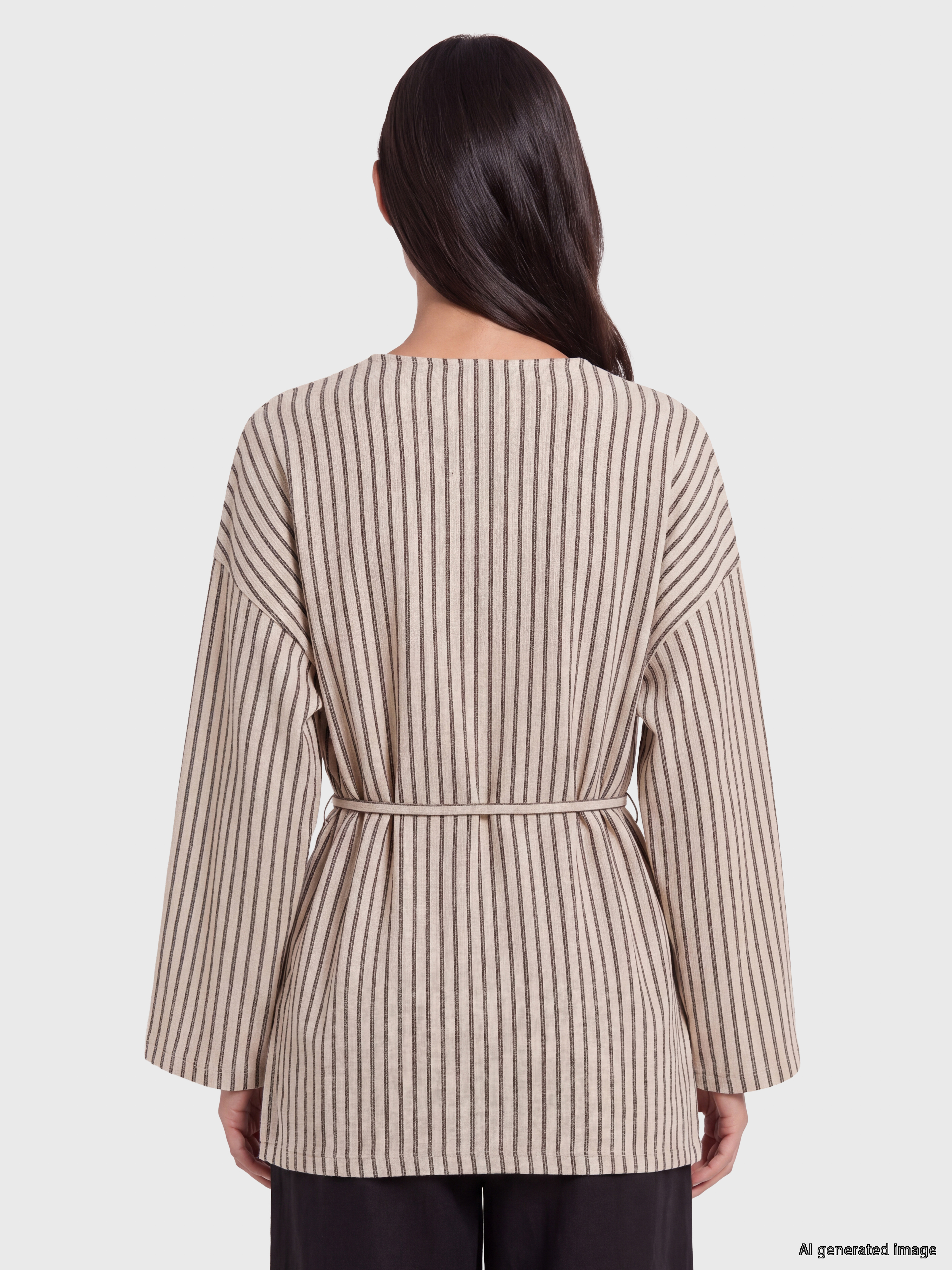 LCW EVERYDAY V Yaka Çizgili Oversize Kadın Hırka görsel 4
