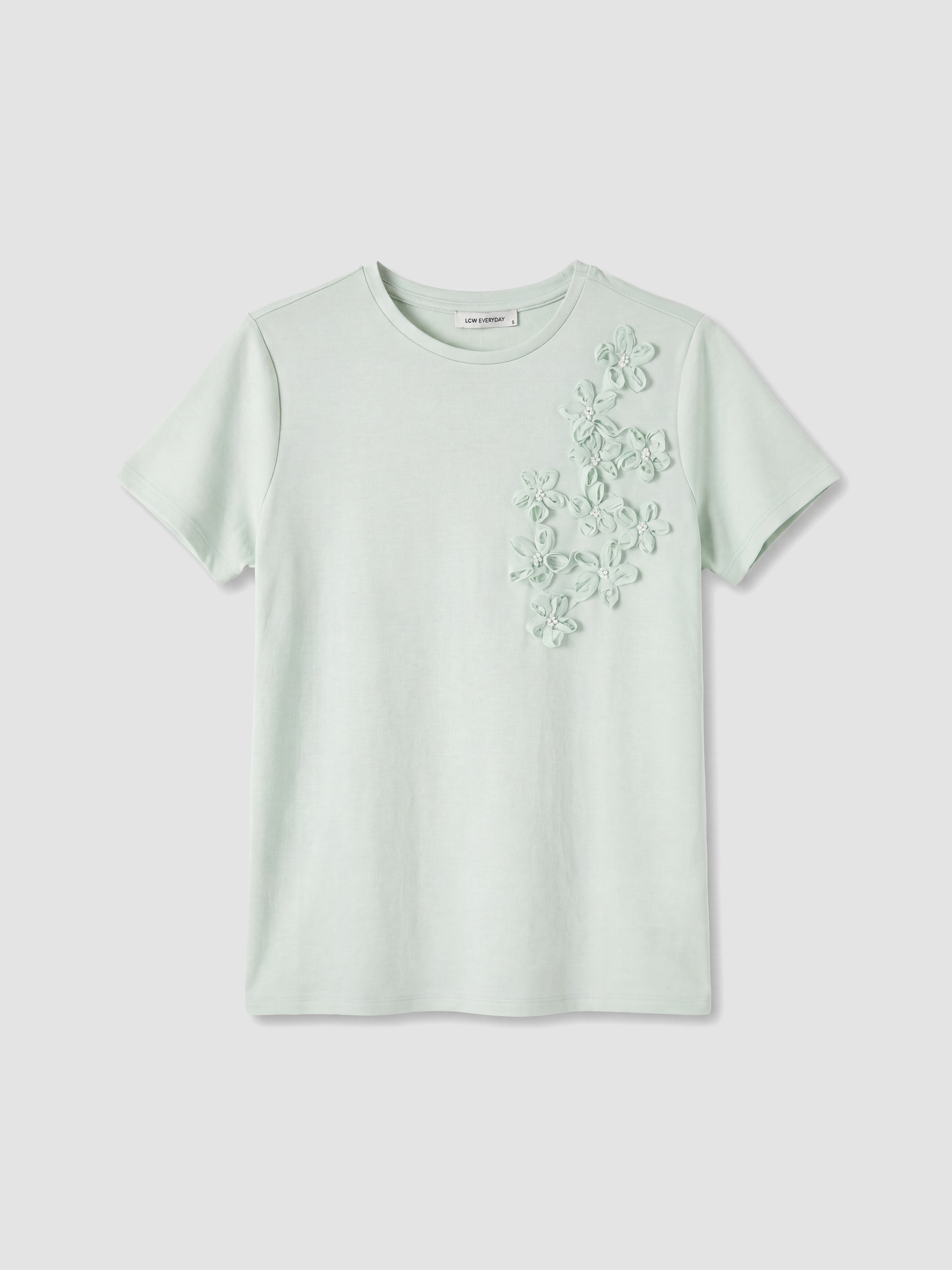 LCW EVERYDAY Bisiklet Yaka Çiçek Nakışlı Kadın Tişört görsel 5