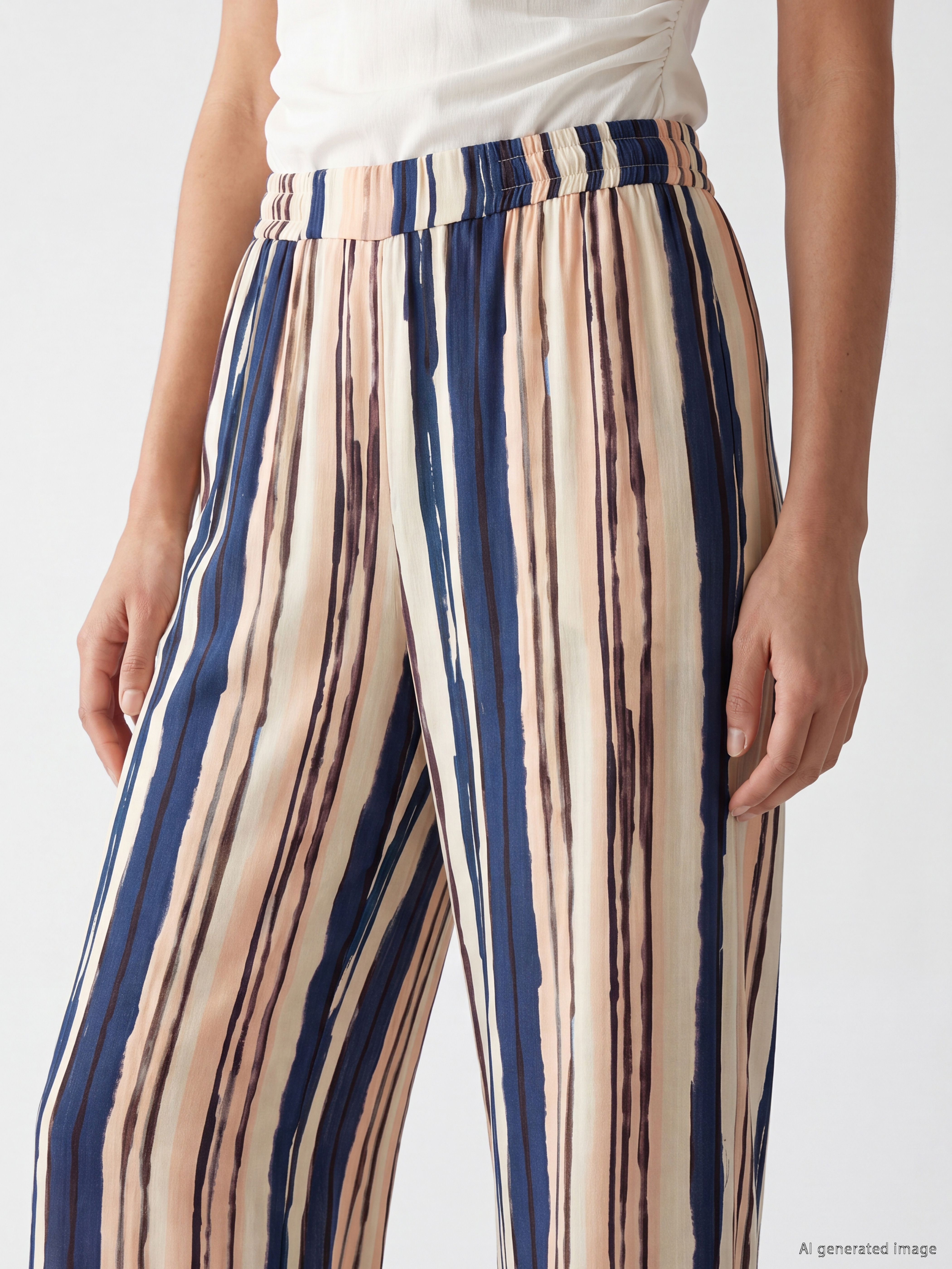 LCW EVERYDAY Beli Lastikli Çizgili Kadın Pantolon görsel 3