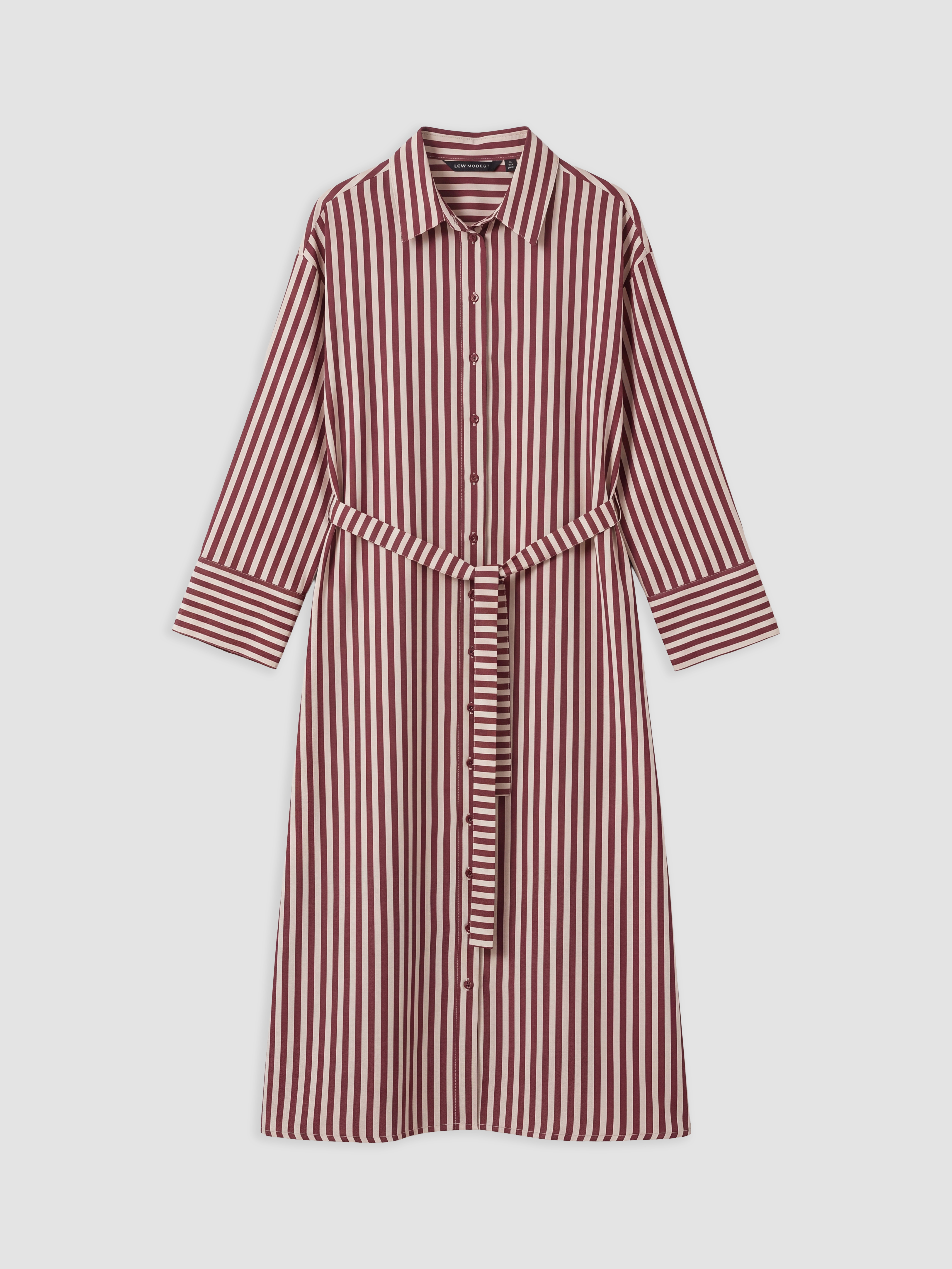 LCW Modest Beli Kuşaklı Çizgili Gömlek Elbise görsel 5