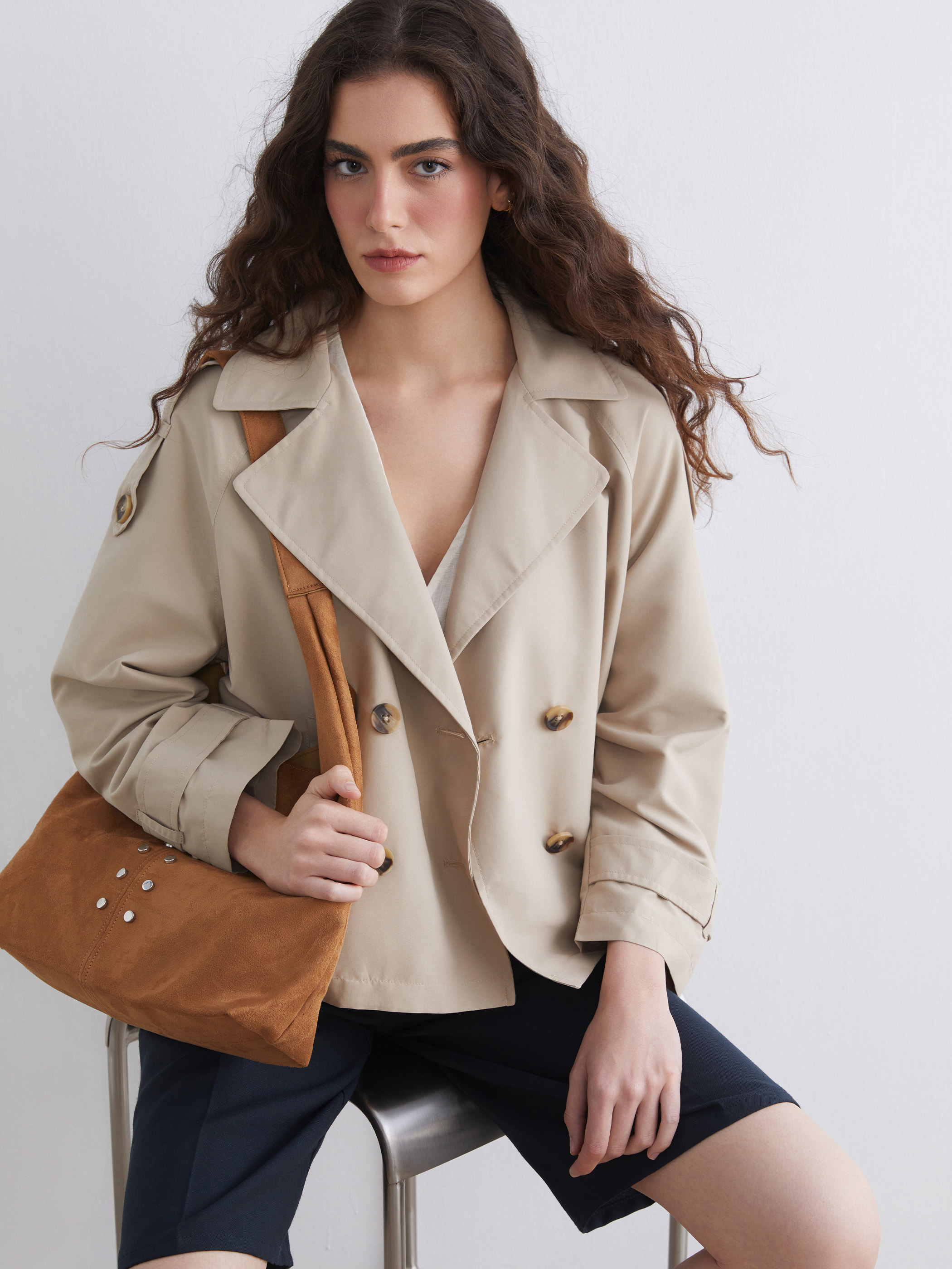 LCW Vision Kruvaze Yaka Oversize Kadın Trençkot