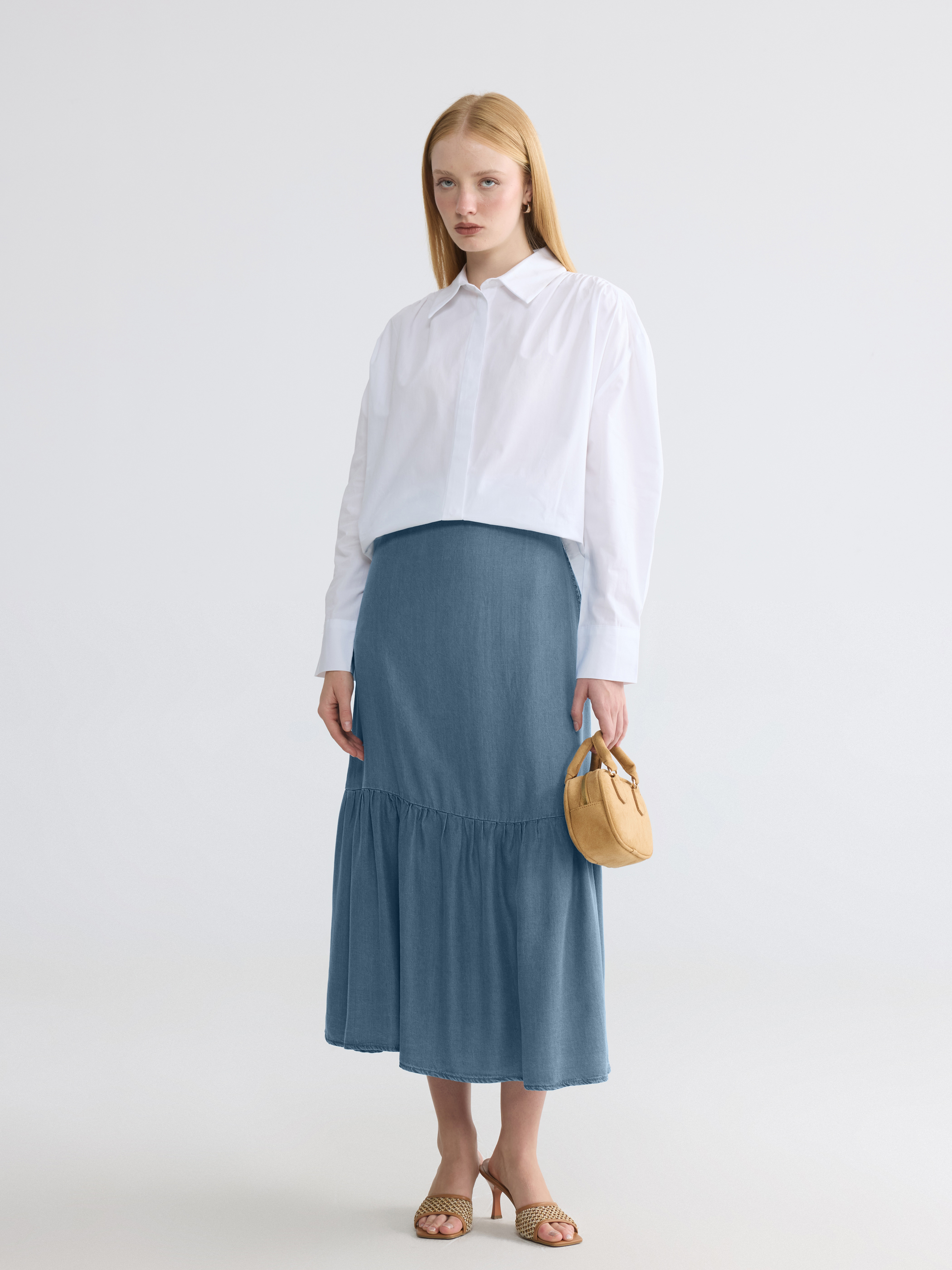 LCW Modest Beli Lastikli Fırfırlı Jean Etek