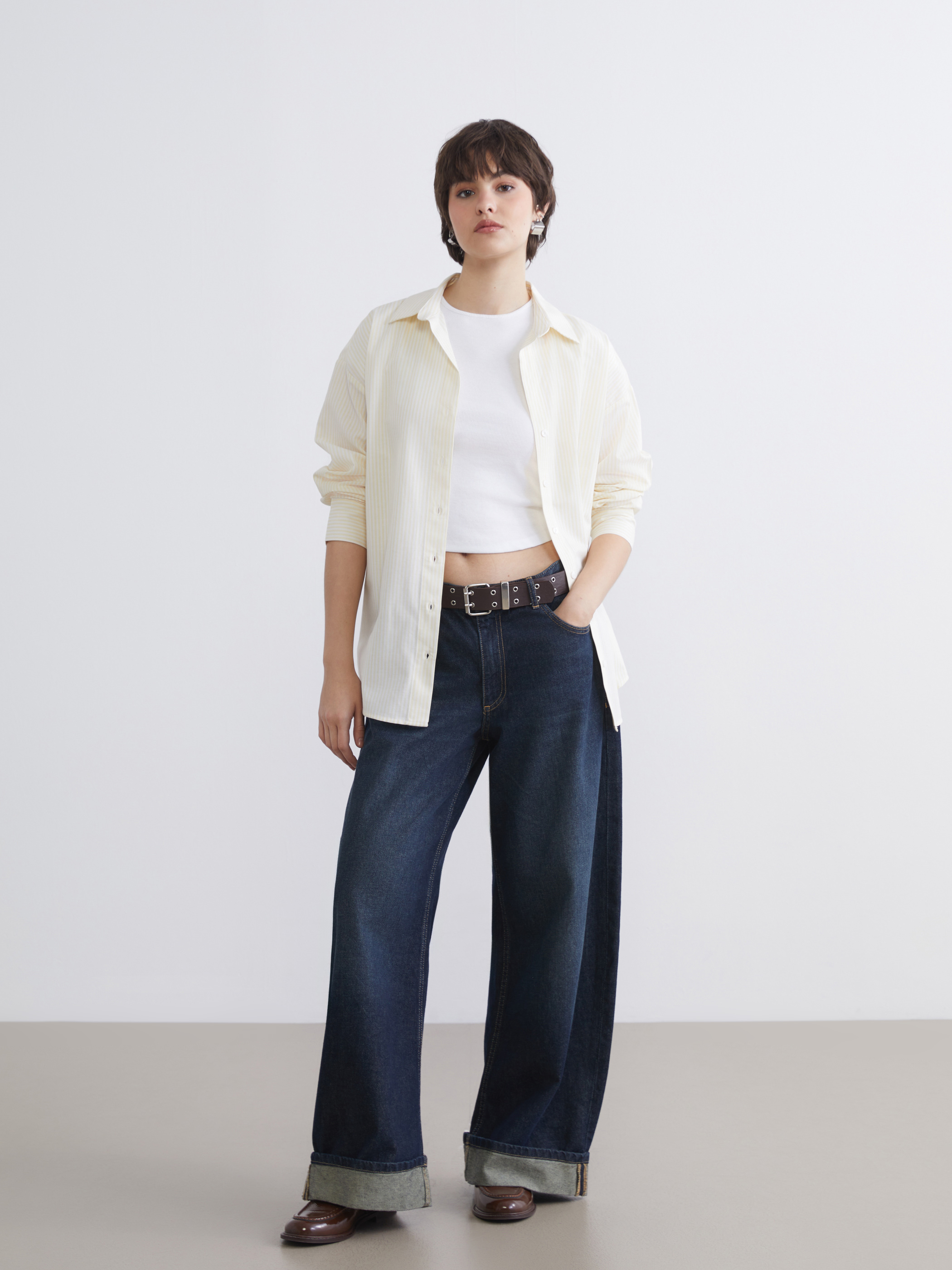XSIDE Çizgili Oversize Poplin Kadın Gömlek görsel 2