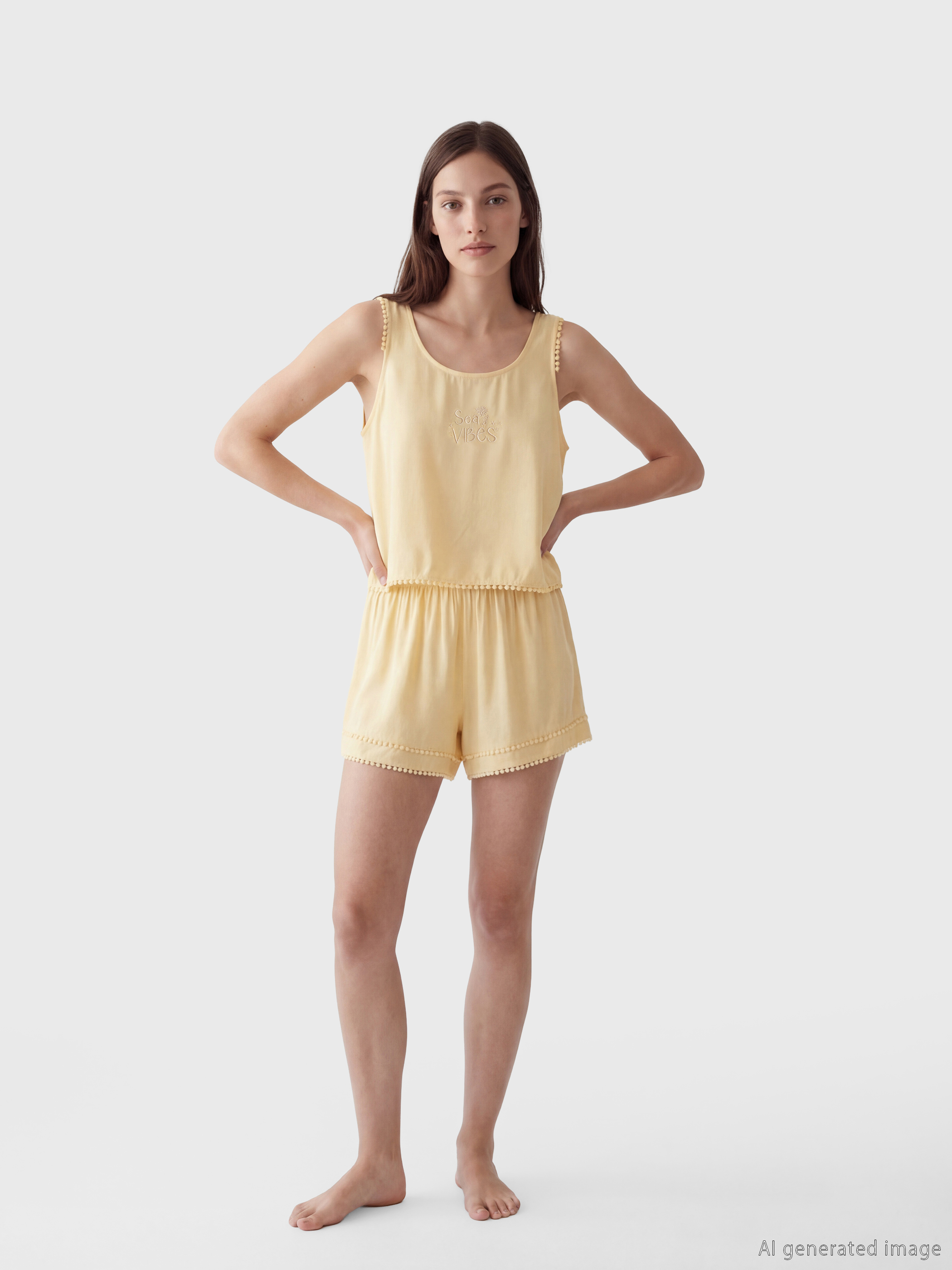 LCW DREAM U Yaka Nakışlı Kadın Şortlu Pijama Takımı