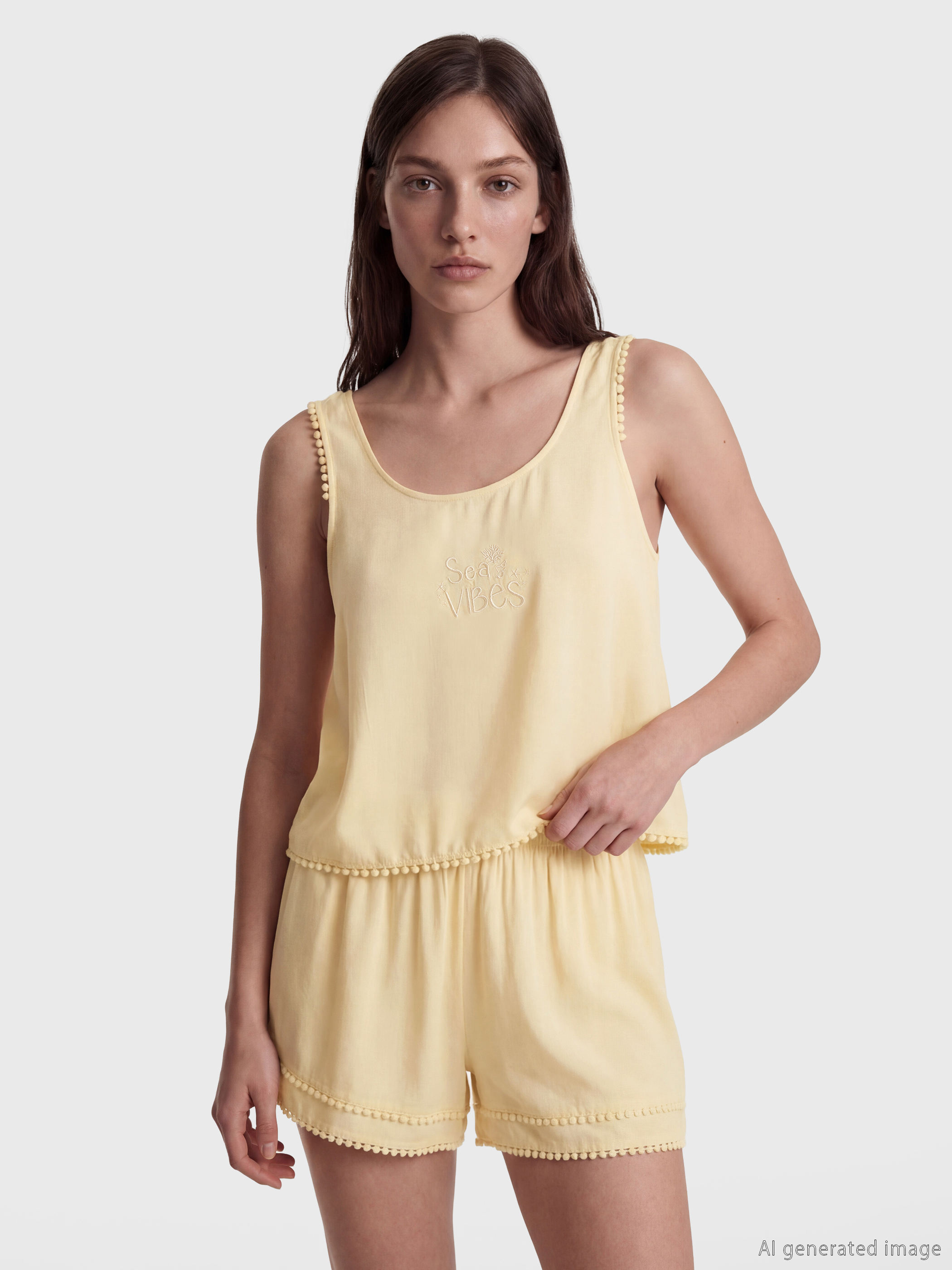 LCW DREAM U Yaka Nakışlı Kadın Şortlu Pijama Takımı görsel 2