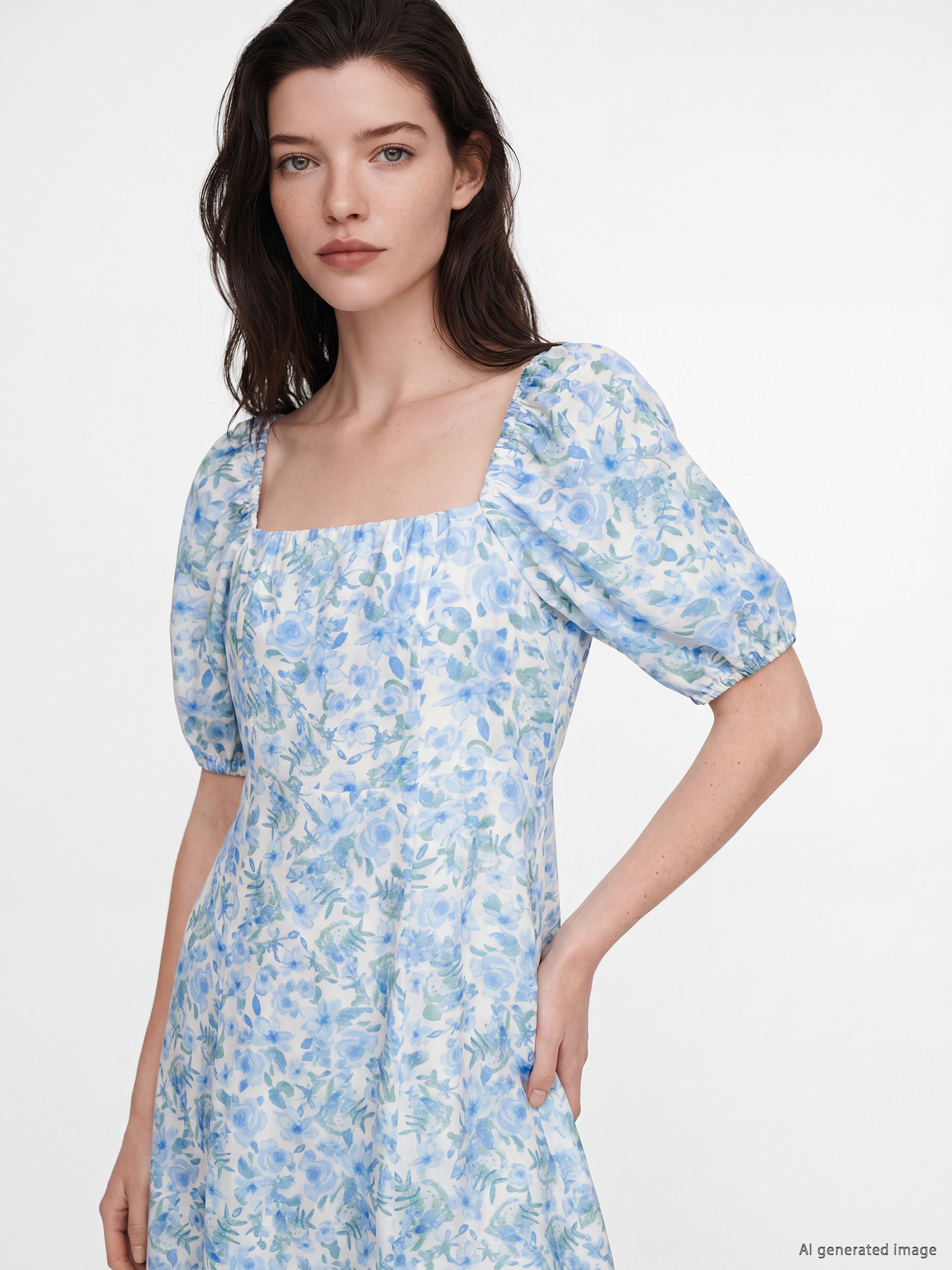 LCW Comfort Kare Yaka Çiçekli Yırtmaçlı Elbise görsel 2