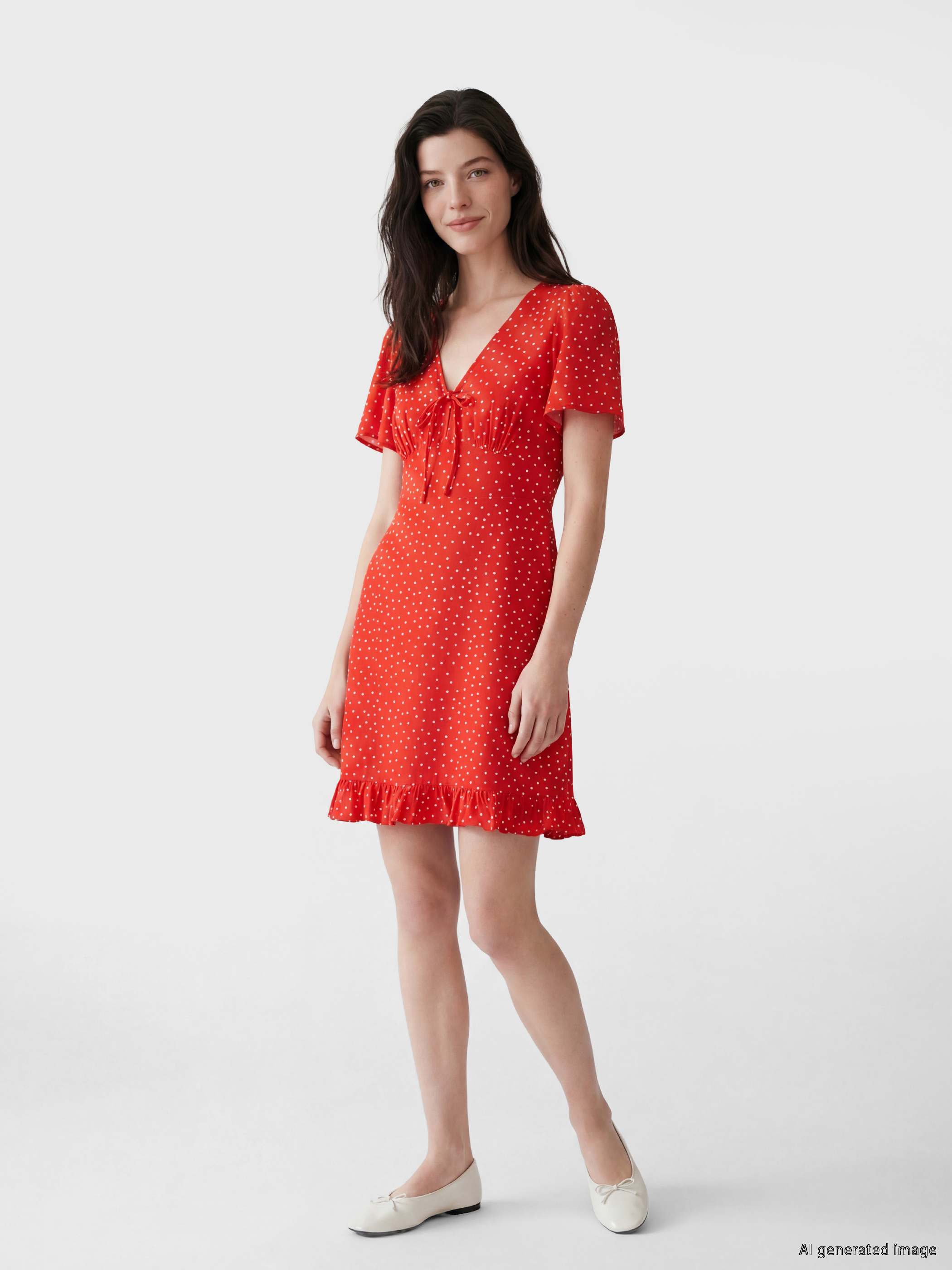 LCW Comfort V Yaka Puantiyeli Fırfırlı Mini Elbise