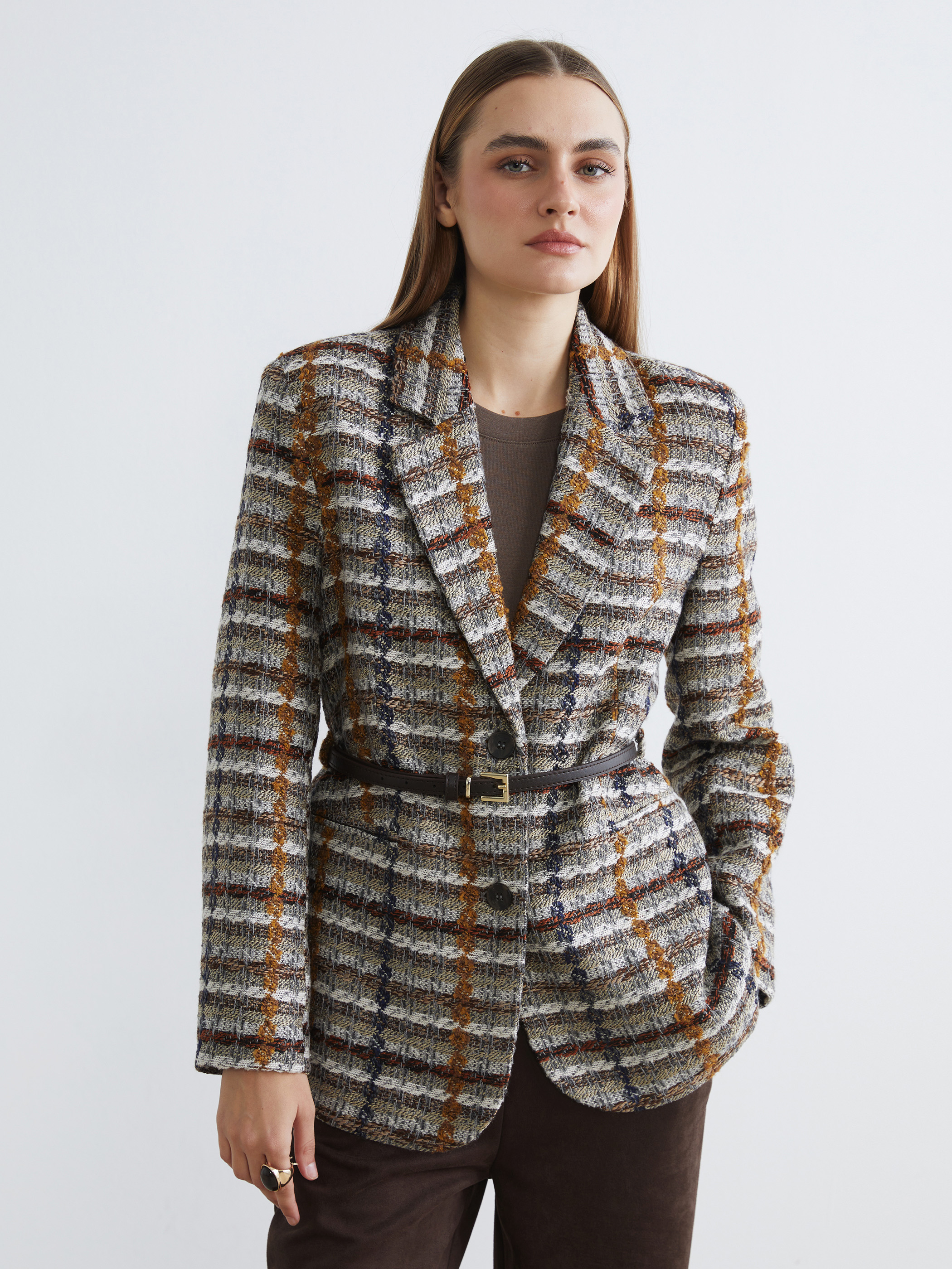 LCWAIKIKI Classic Ekose Kemerli Kadın Tüvit Blazer Ceket