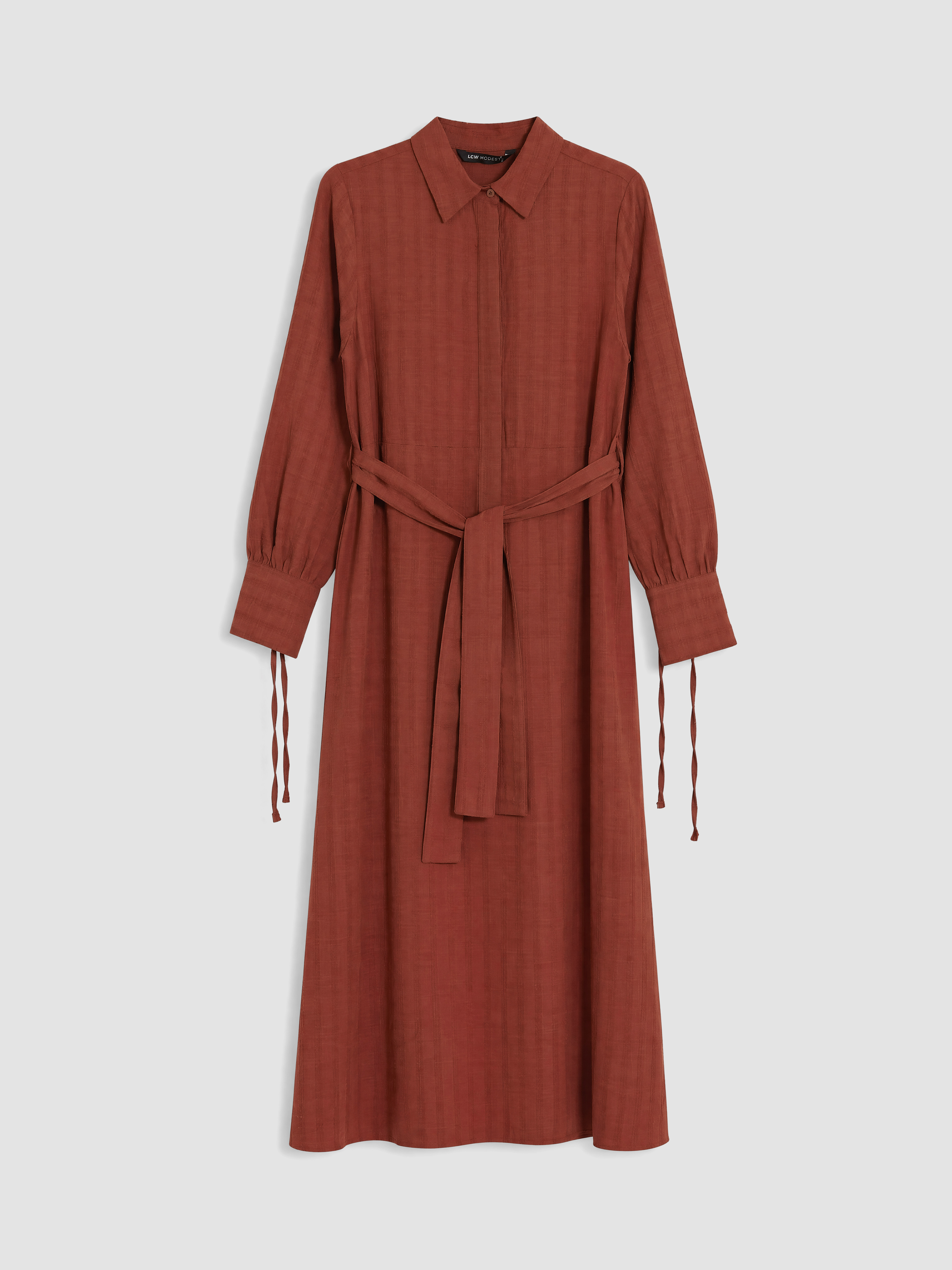 LCW Modest Beli Kuşaklı Keten Karışımlı Gömlek Elbise görsel 5