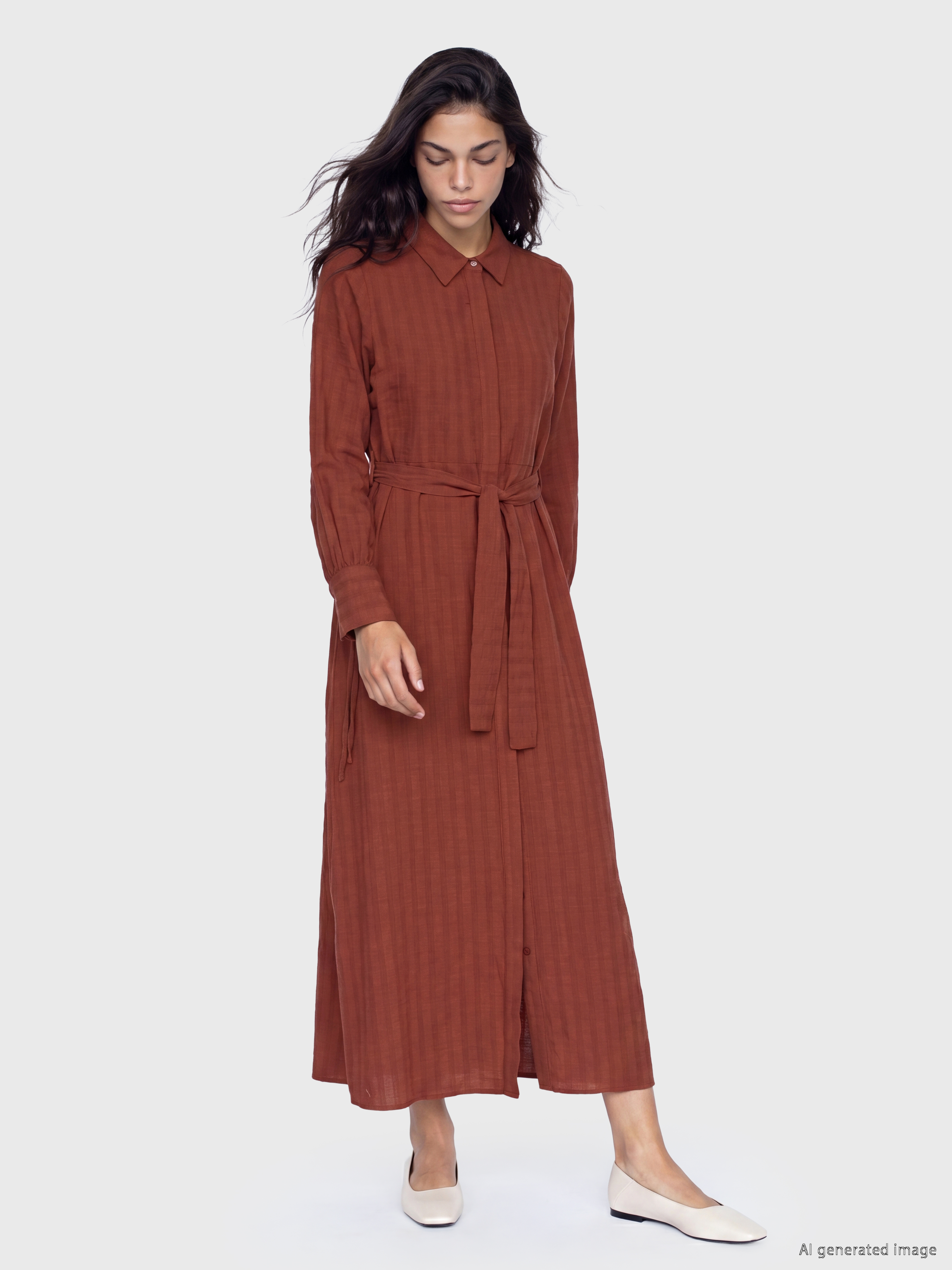 LCW Modest Beli Kuşaklı Keten Karışımlı Gömlek Elbise