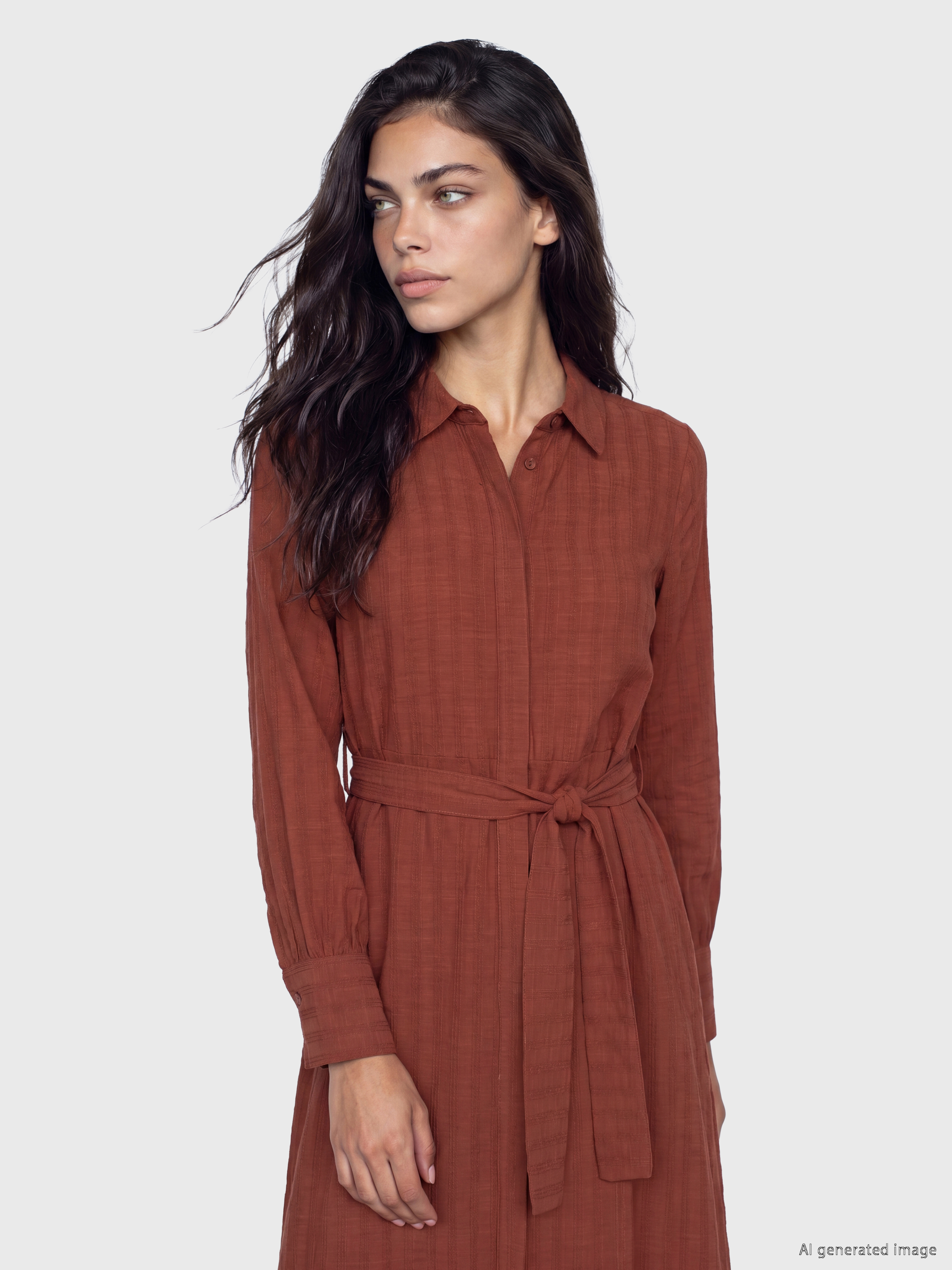 LCW Modest Beli Kuşaklı Keten Karışımlı Gömlek Elbise görsel 2