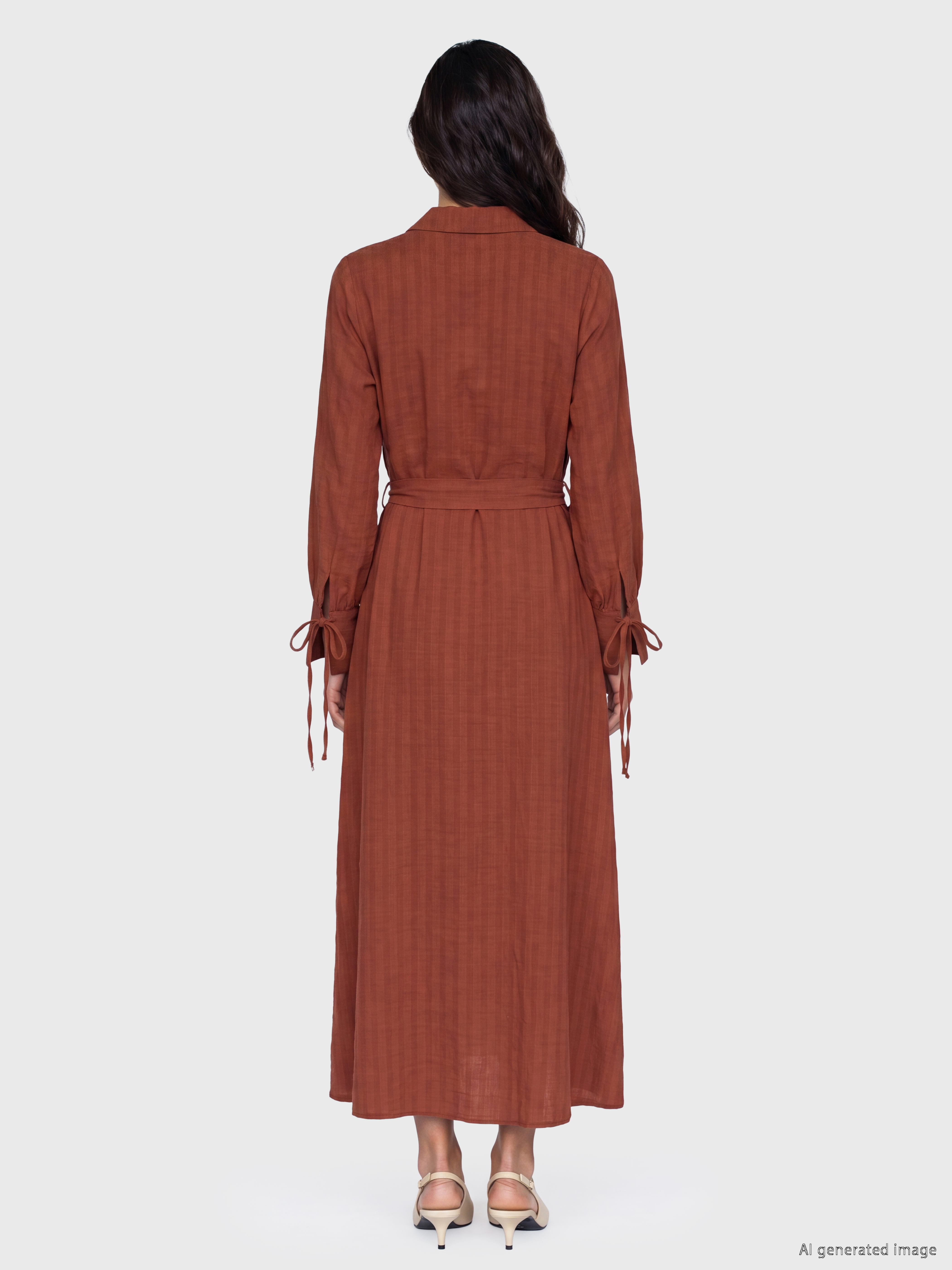 LCW Modest Beli Kuşaklı Keten Karışımlı Gömlek Elbise görsel 4