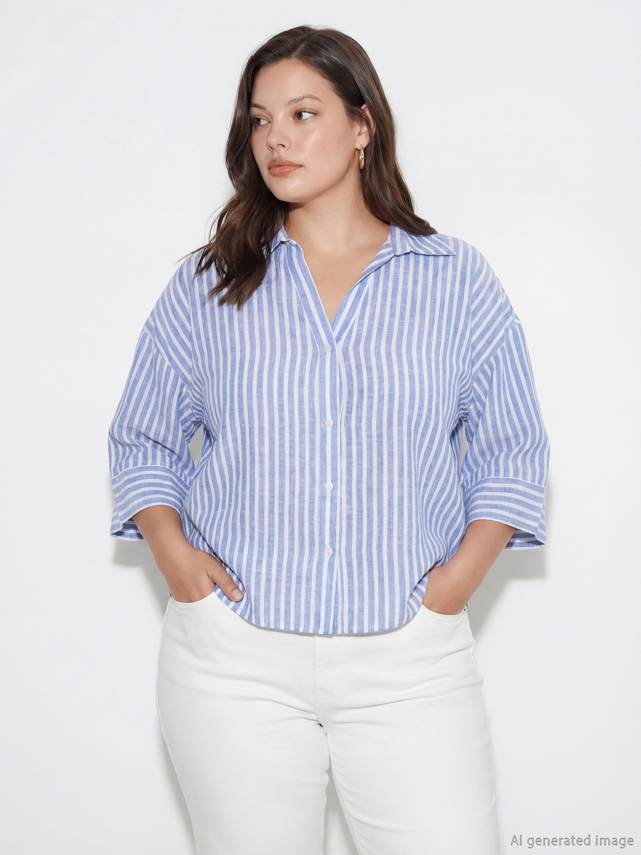 LCW Vision Çizgili Oversize Poplin Kadın Gömlek görsel 6
