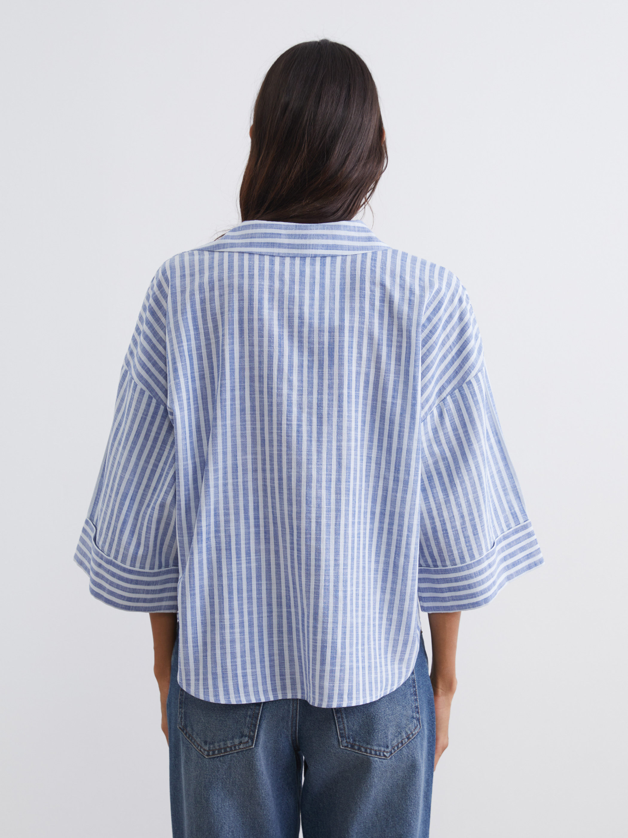 LCW Vision Çizgili Oversize Poplin Kadın Gömlek görsel 5