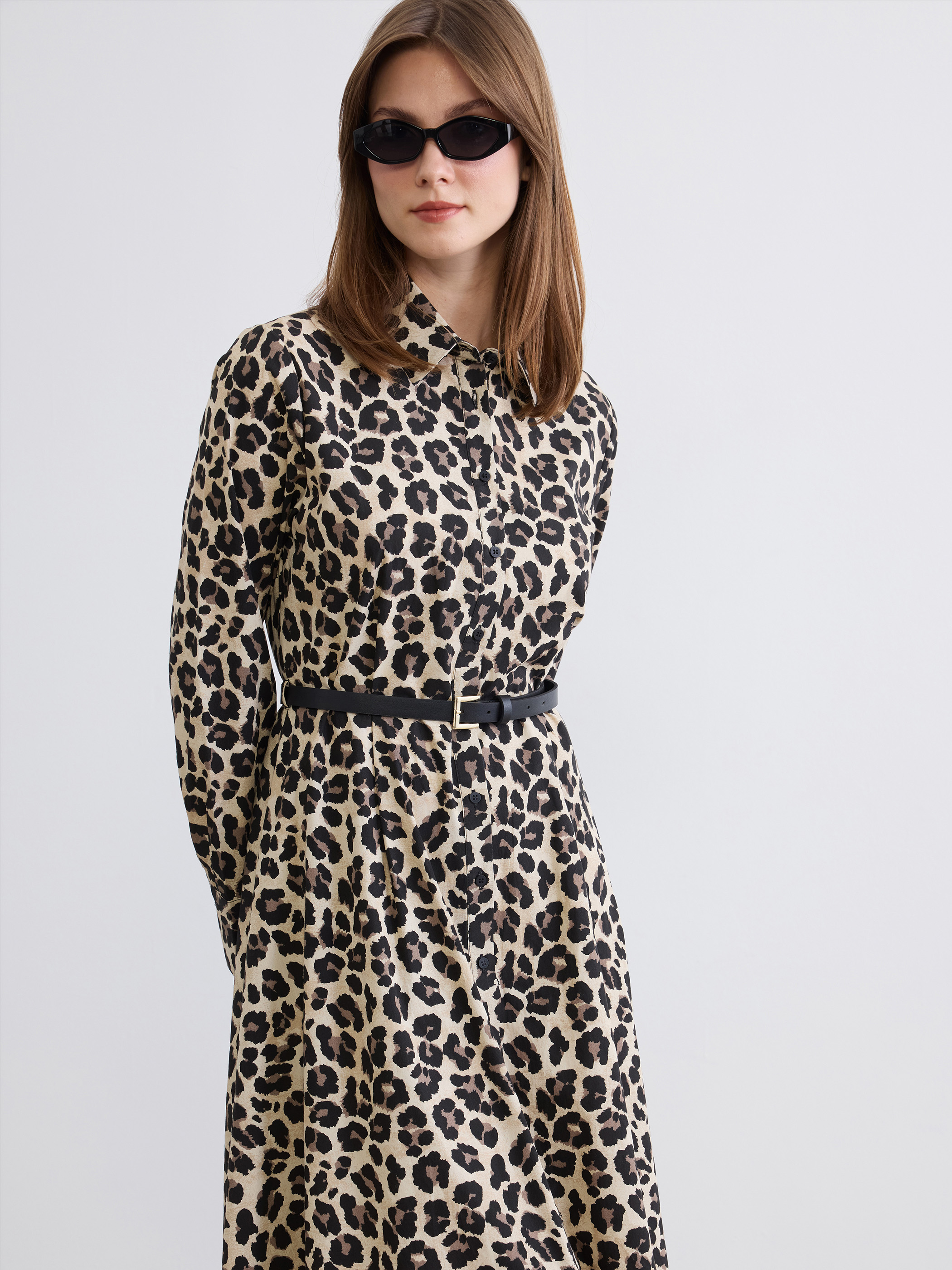LCWAIKIKI Classic Leopar Desenli Kemerli Poplin Gömlek Elbise