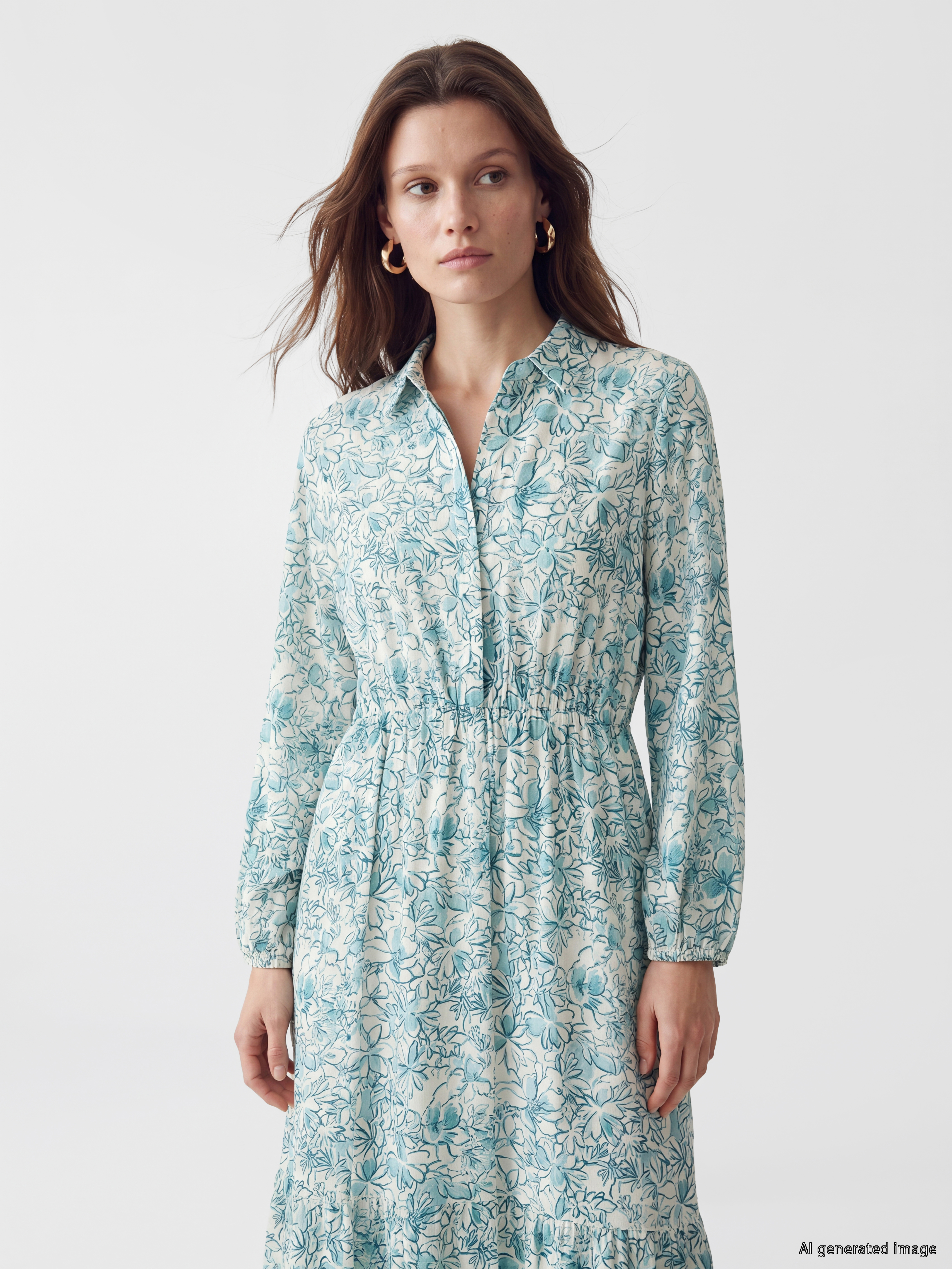 LCW Modest Gömlek Yaka Çiçekli Belden Oturtma Elbise görsel 2