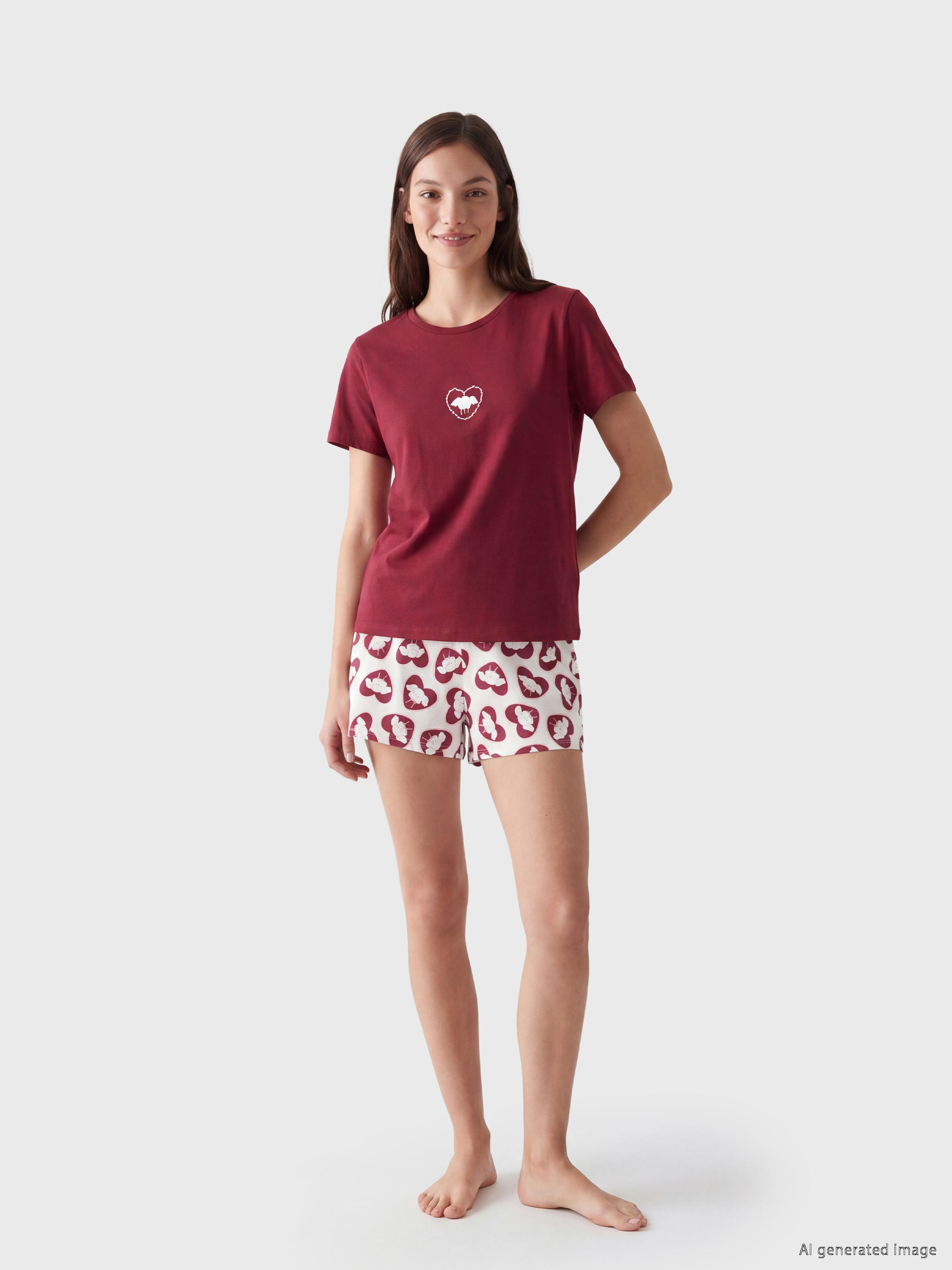 LCW Young Bisiklet Yaka Baskılı Kadın Şortlu Pijama Takımı