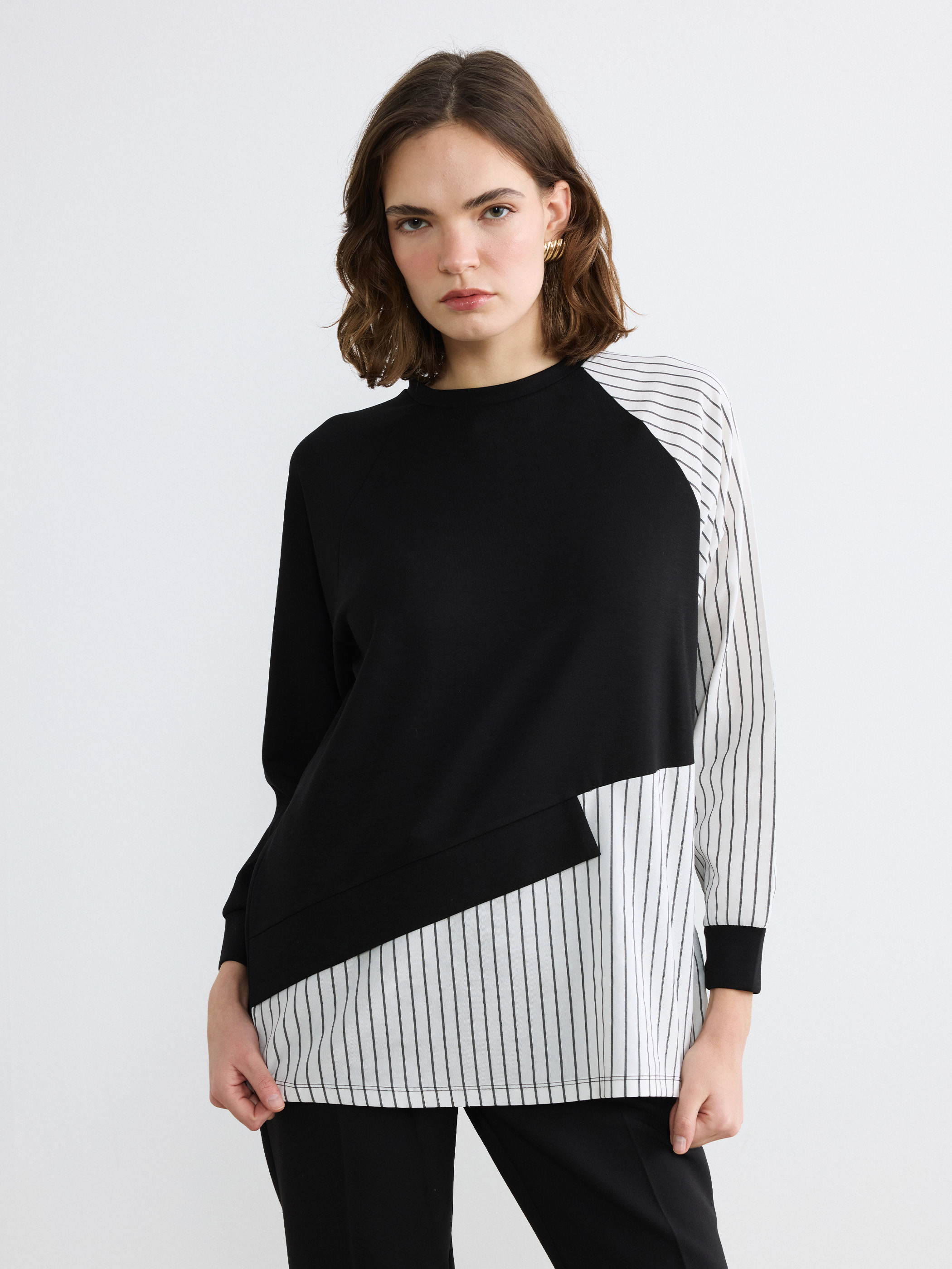 Natuvera Bisiklet Yaka Çizgili Kadın Sweatshirt Tunik