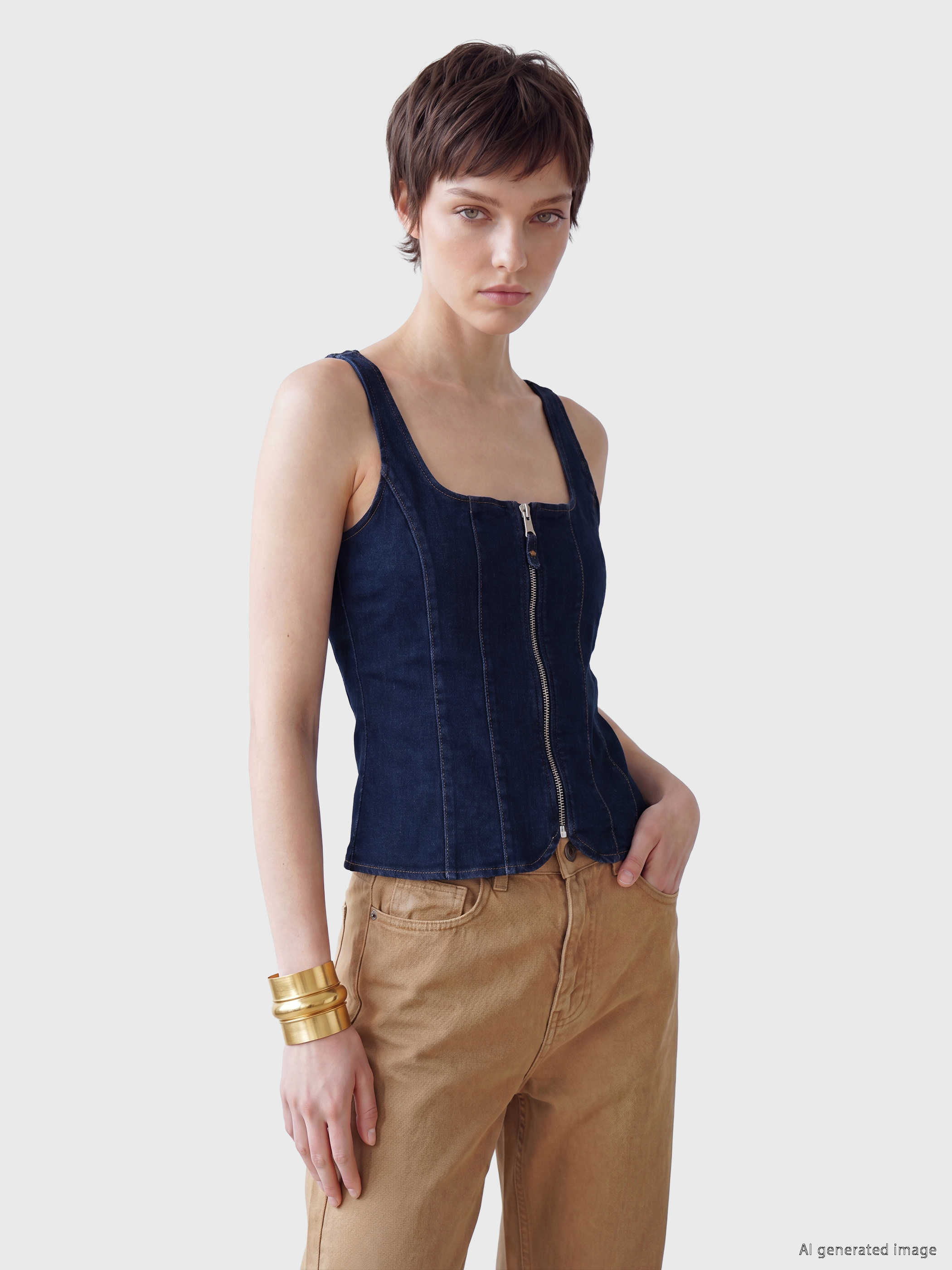 Soulife Kare Yaka Fermuarlı Jean Bluz