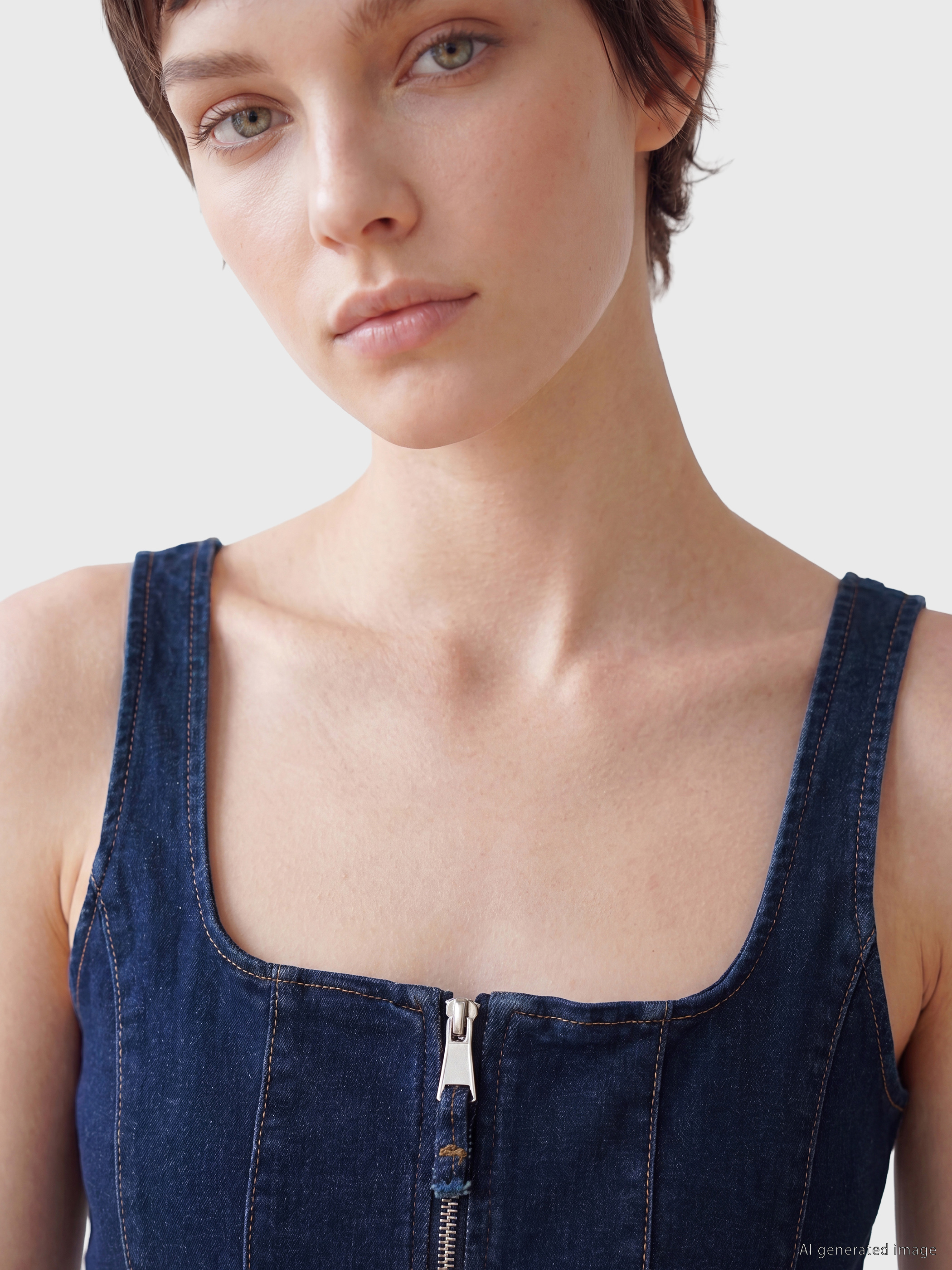 Soulife Kare Yaka Fermuarlı Jean Bluz görsel 3