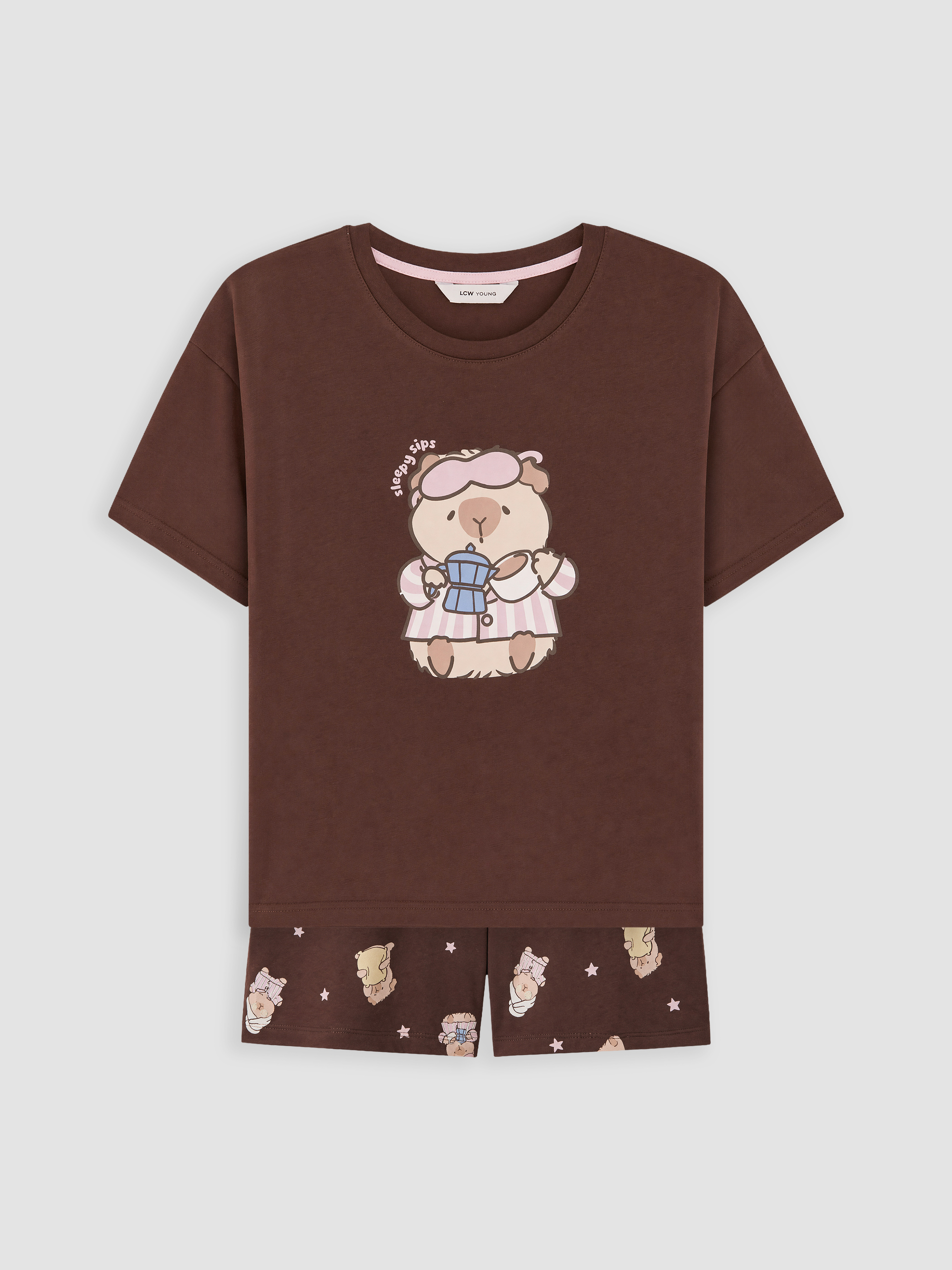 LCW Young Baskılı %100 Pamuklu Kadın Şortlu Pijama Takımı görsel 6