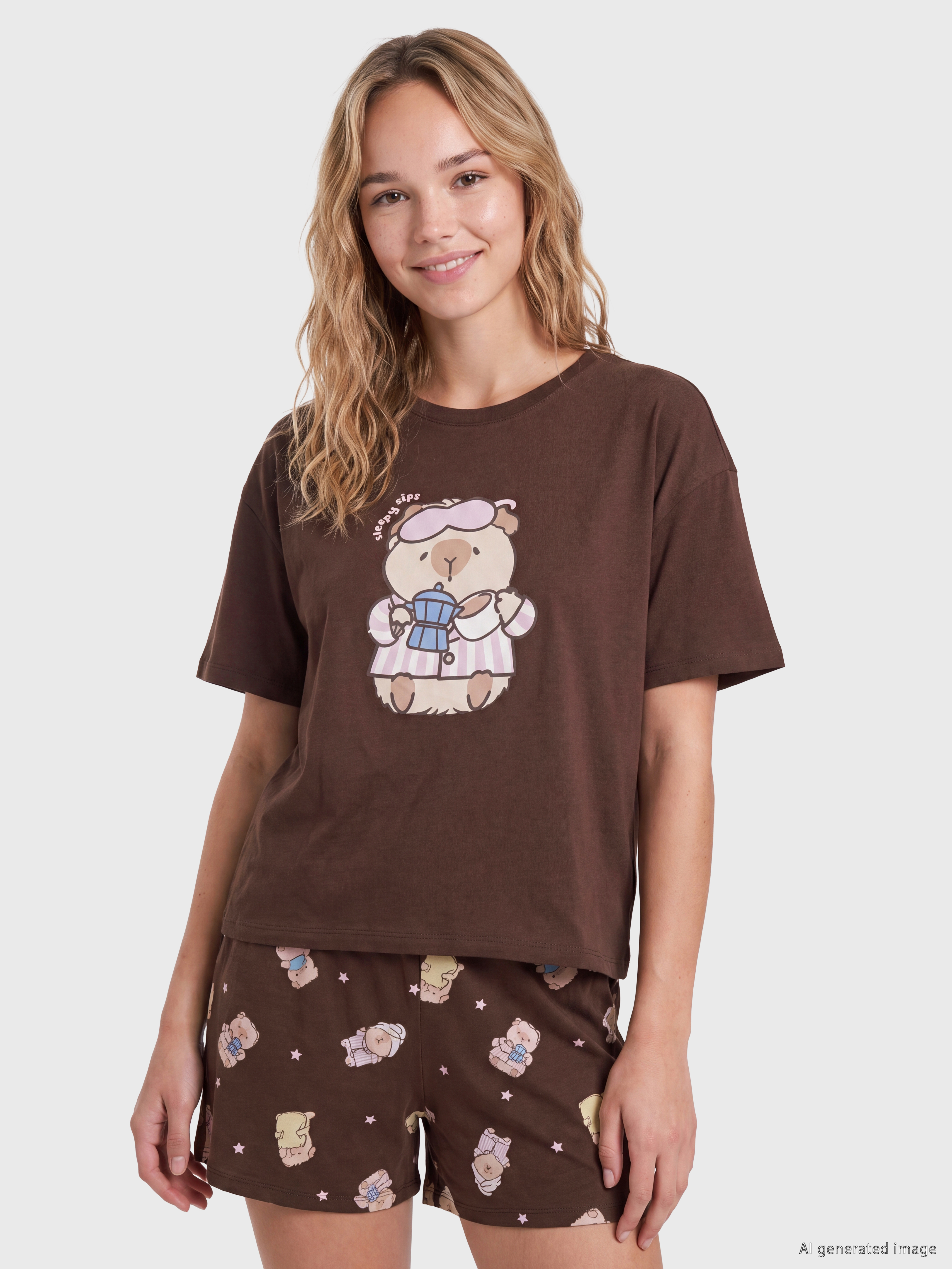 LCW Young Baskılı %100 Pamuklu Kadın Şortlu Pijama Takımı görsel 3