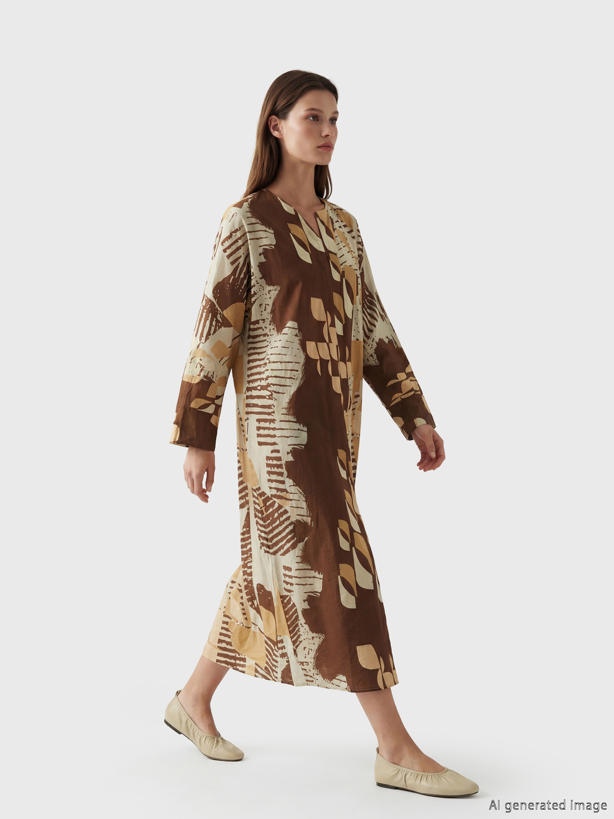 LCW Modest V Yaka Etnik Desenli Kaftan Elbise