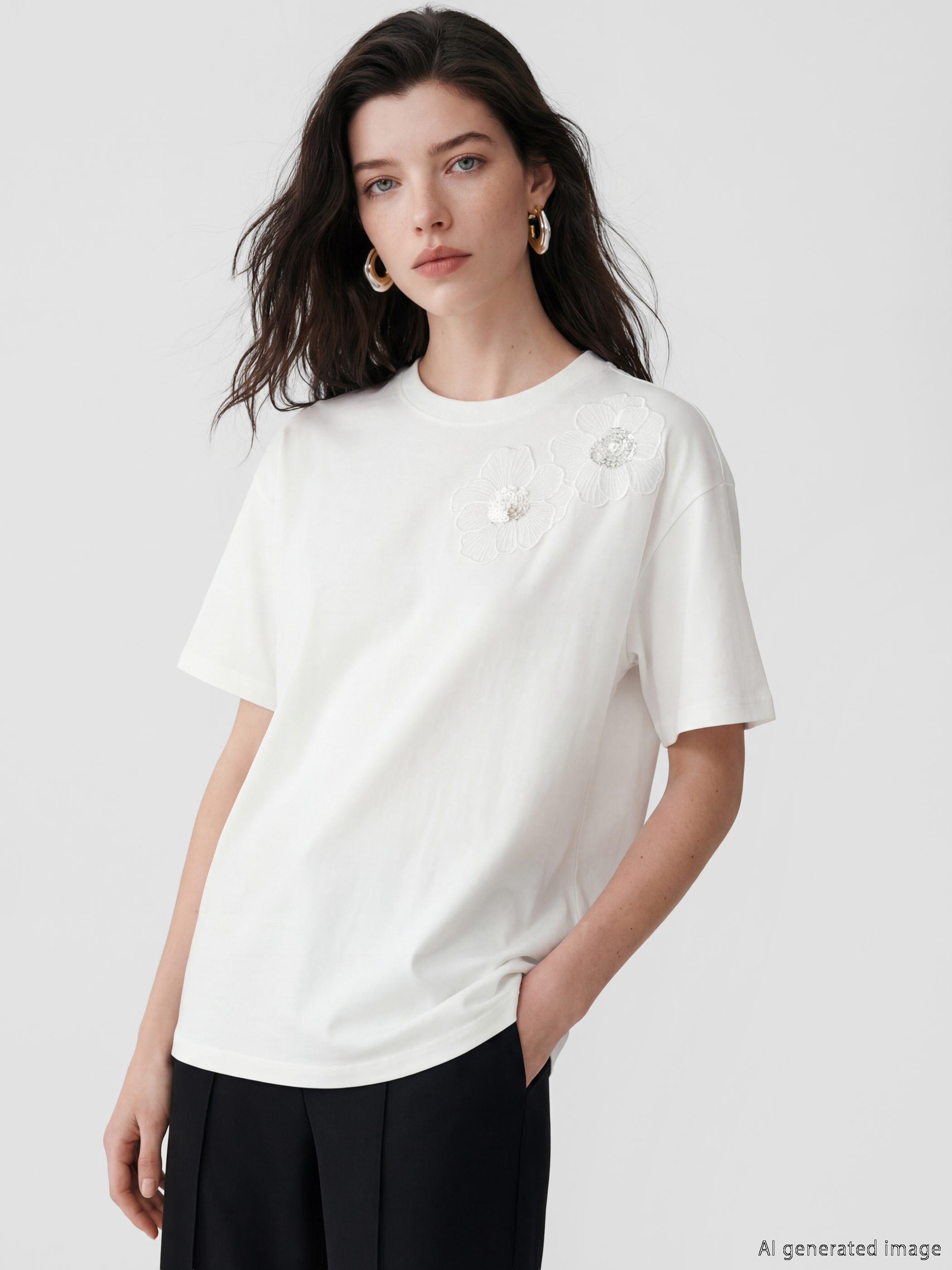 LCW Comfort Çiçek Aplikeli %100 Pamuklu Kadın Tişört