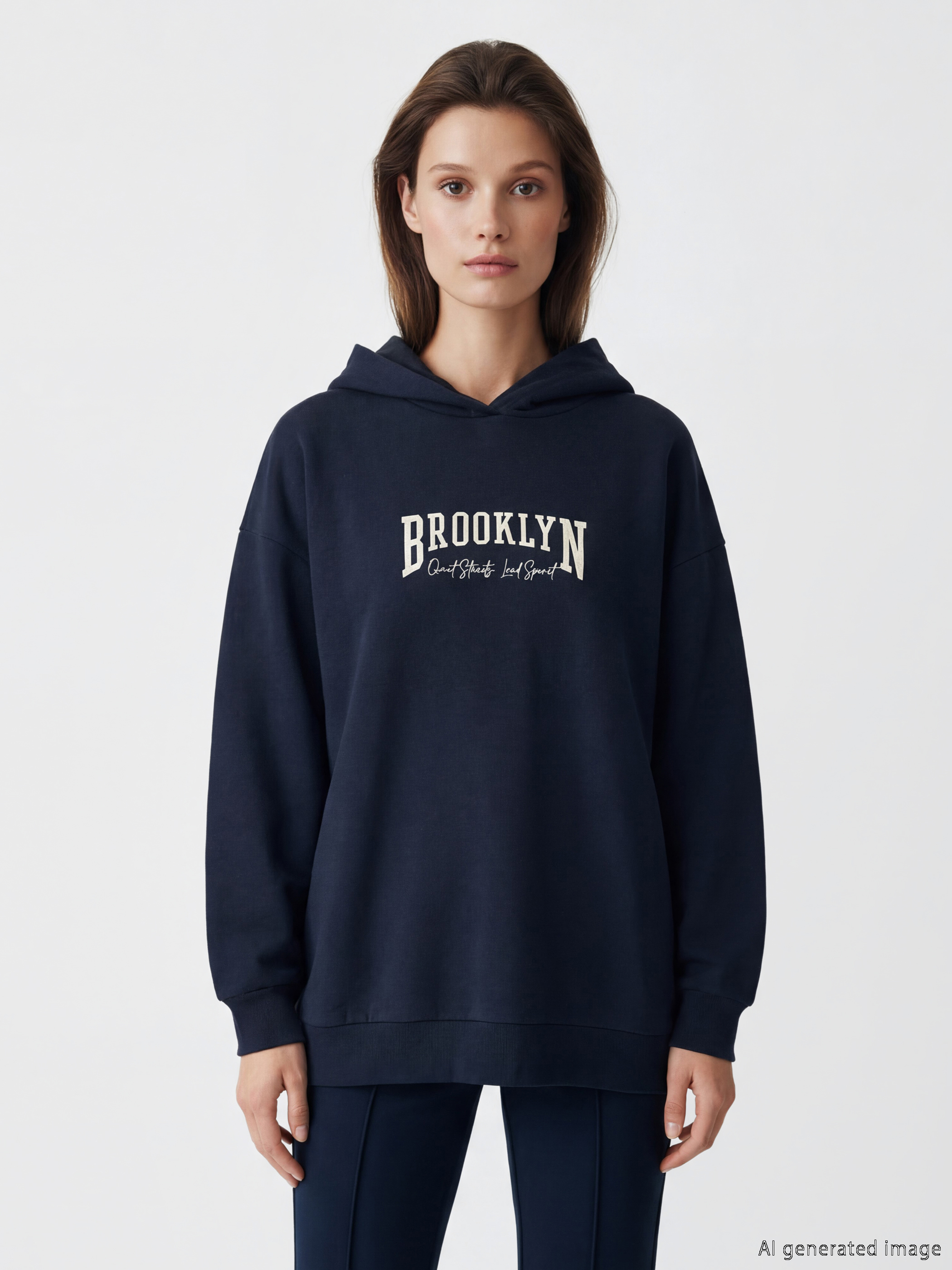 LCW Modest Kapüşonlu Brooklyn Baskılı Kadın Sweatshirt Tunik