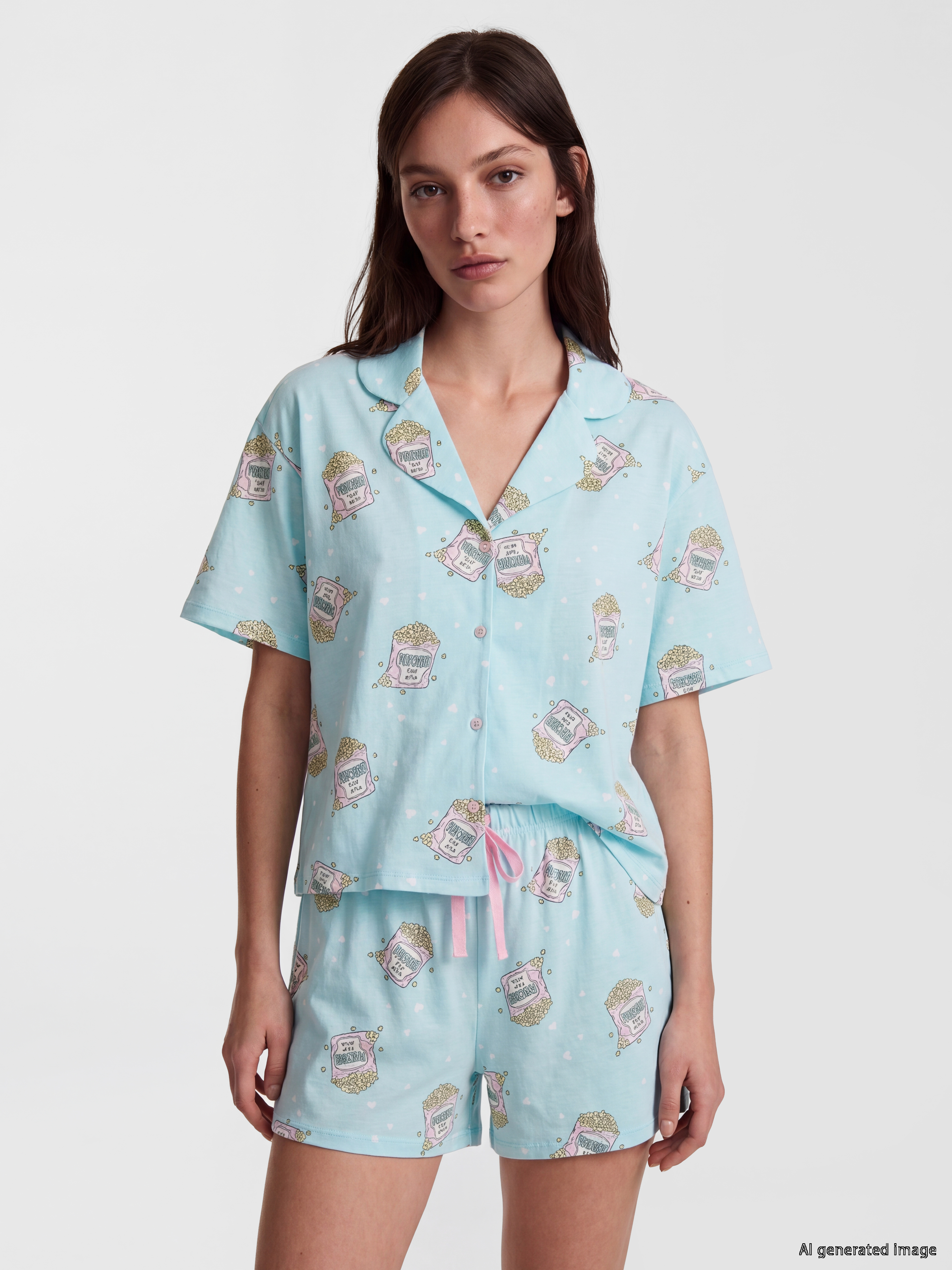 LCW Young Gömlek Yaka Baskılı Kadın Şortlu Pijama Takımı