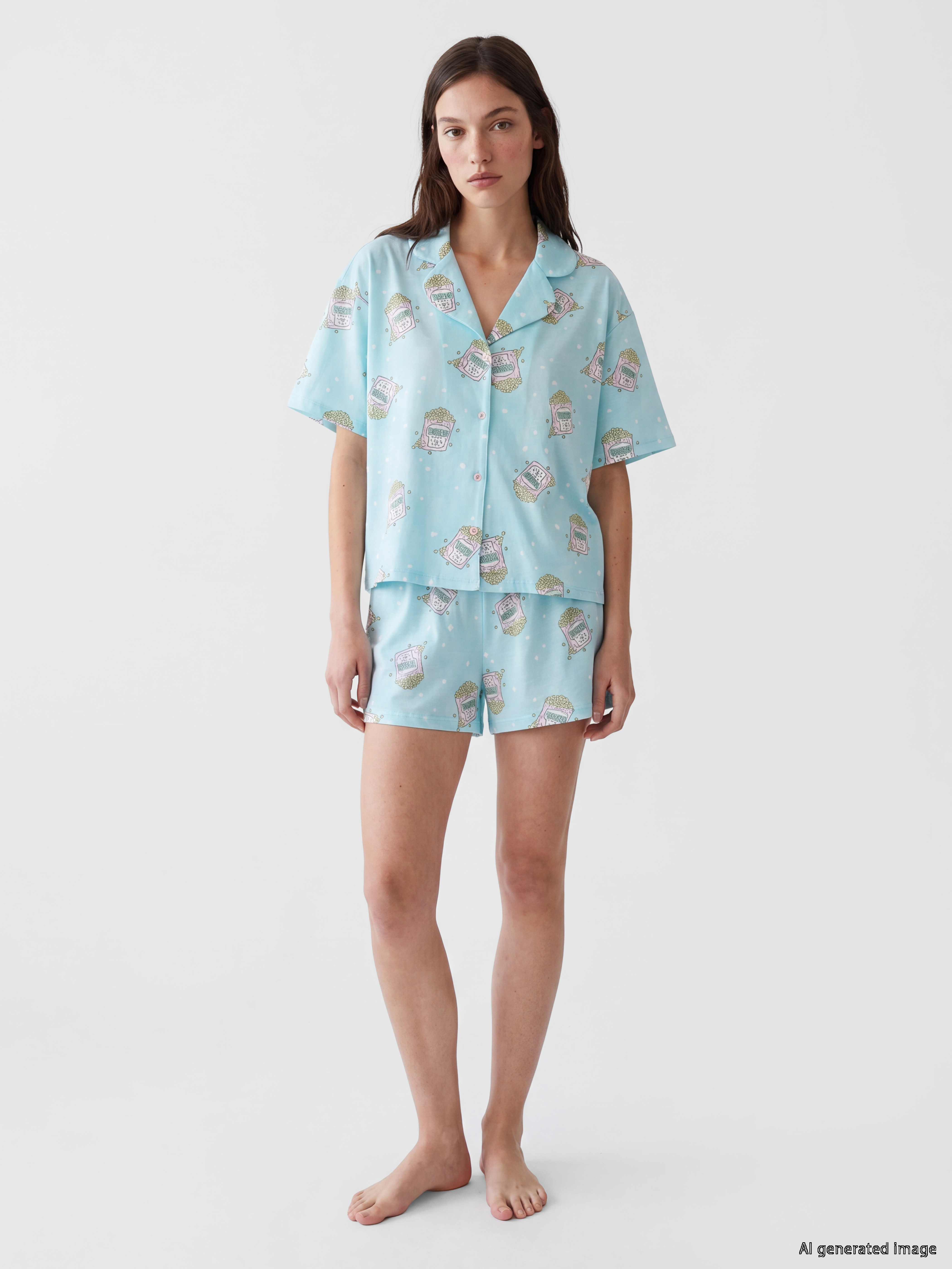 LCW Young Gömlek Yaka Baskılı Kadın Şortlu Pijama Takımı görsel 2