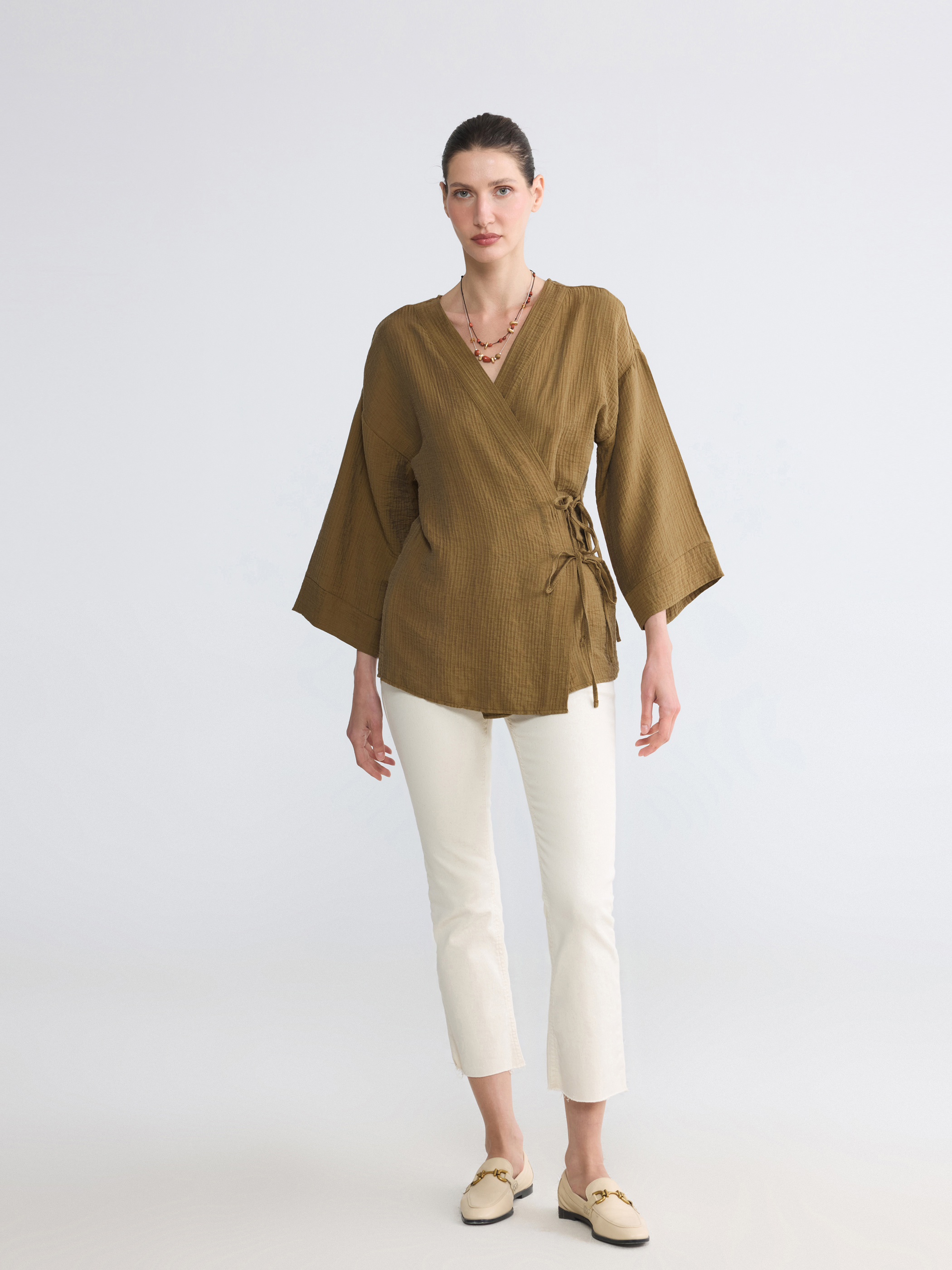 LCW EVERYDAY Kruvaze Yaka Müslin Oversize Kadın Kimono görsel 2