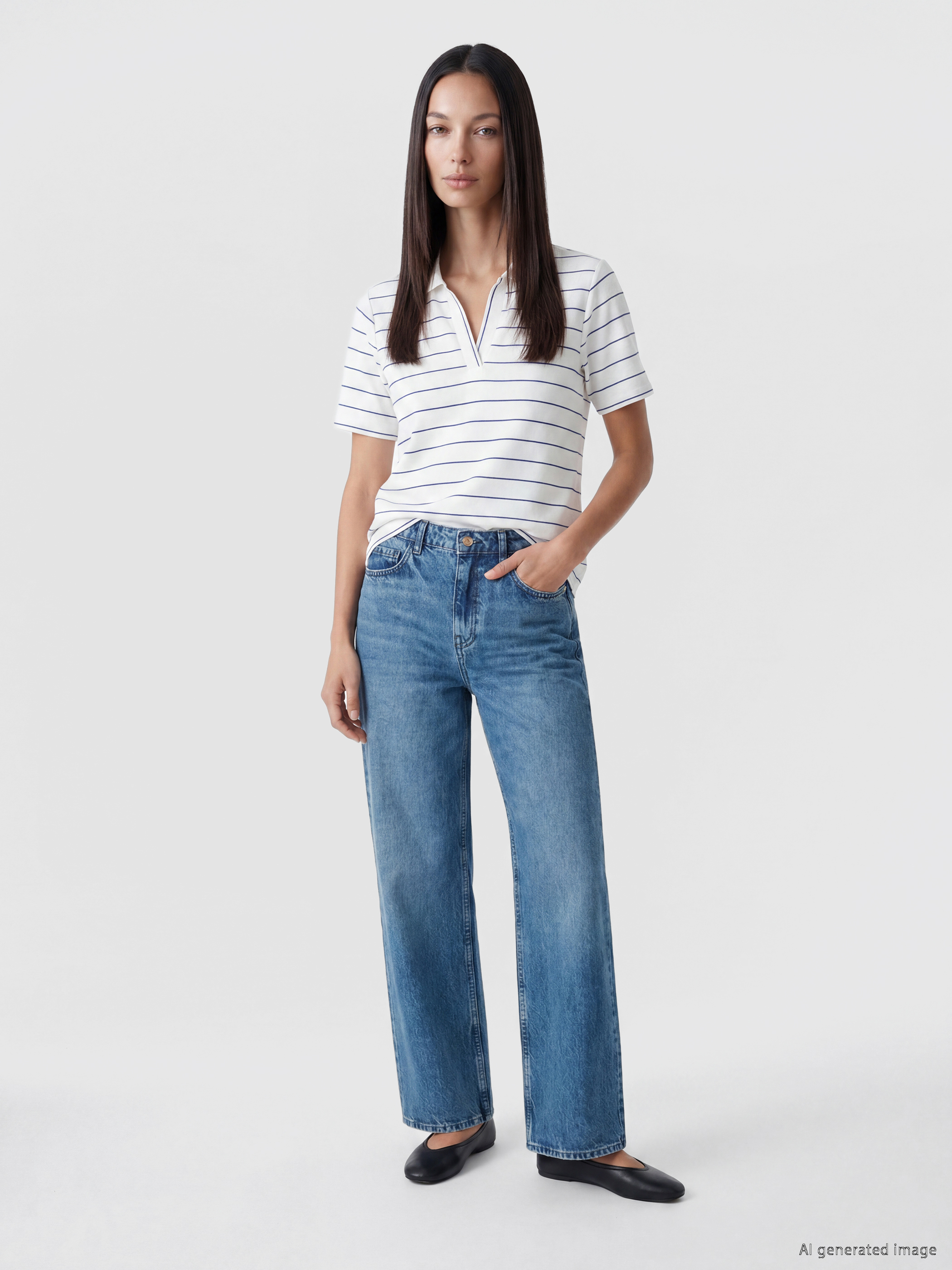 LCW EVERYDAY Polo Yaka Çizgili Kadın Tişört görsel 2