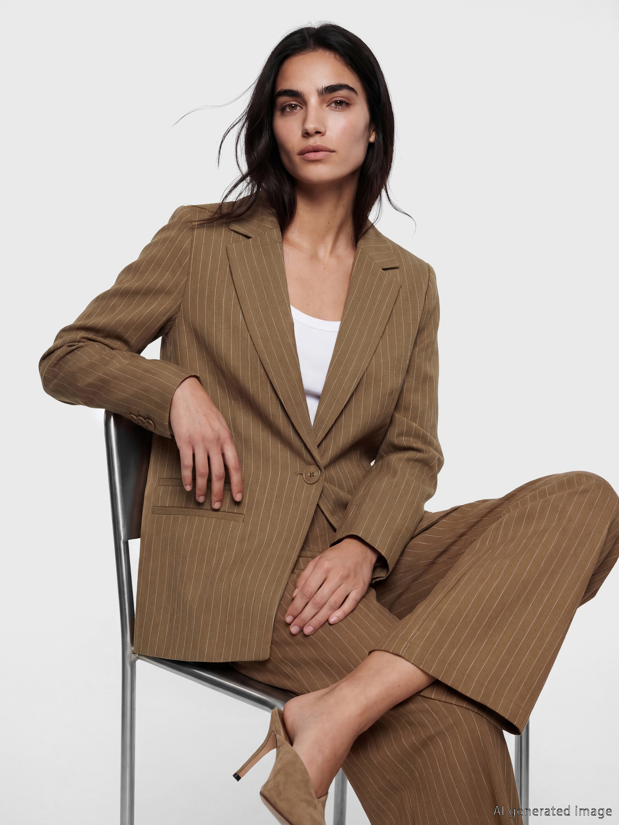 LCW Vision Çizgili Keten Karışımlı Kadın Blazer Ceket