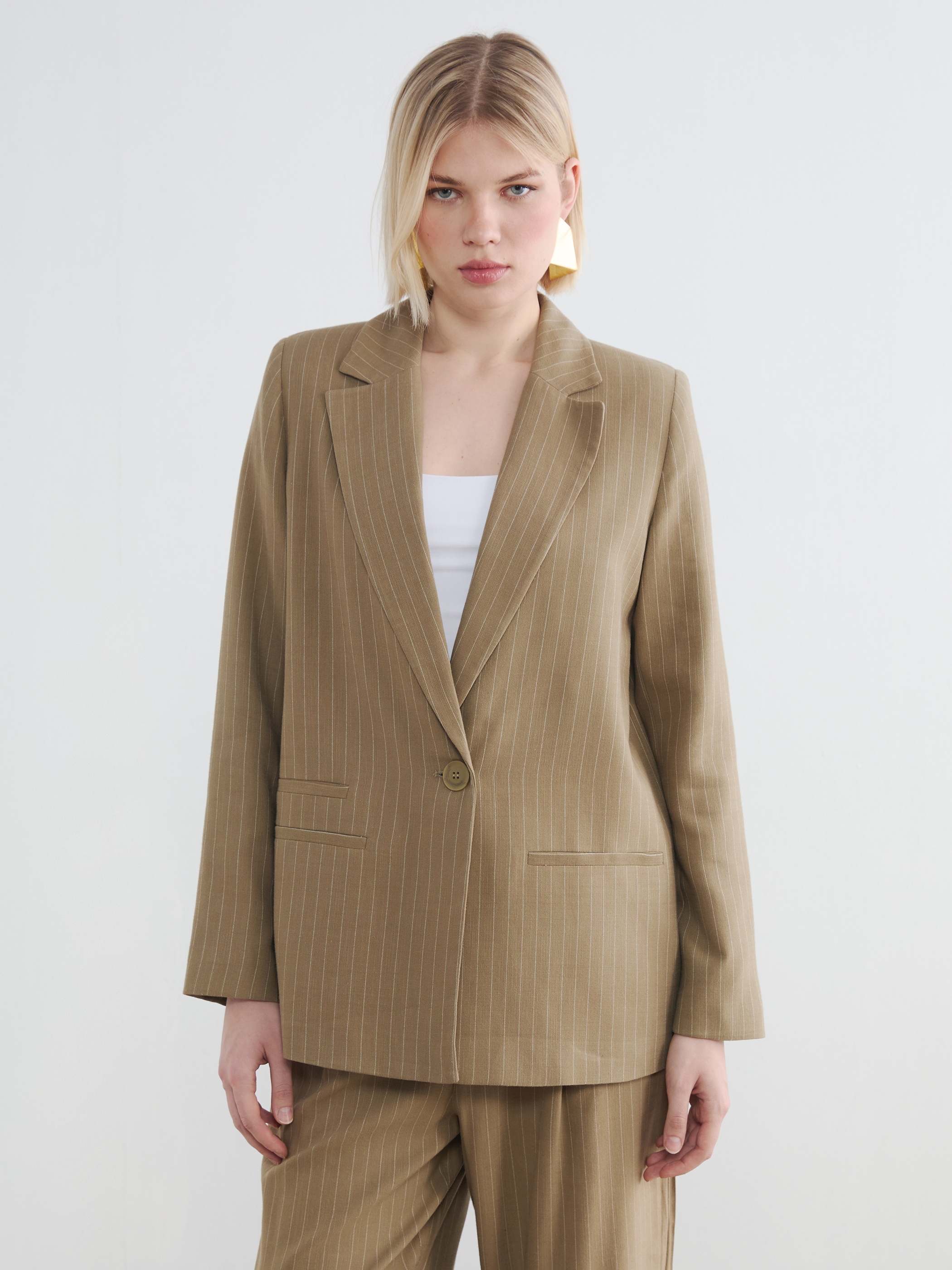 LCW Vision Çizgili Keten Karışımlı Kadın Blazer Ceket