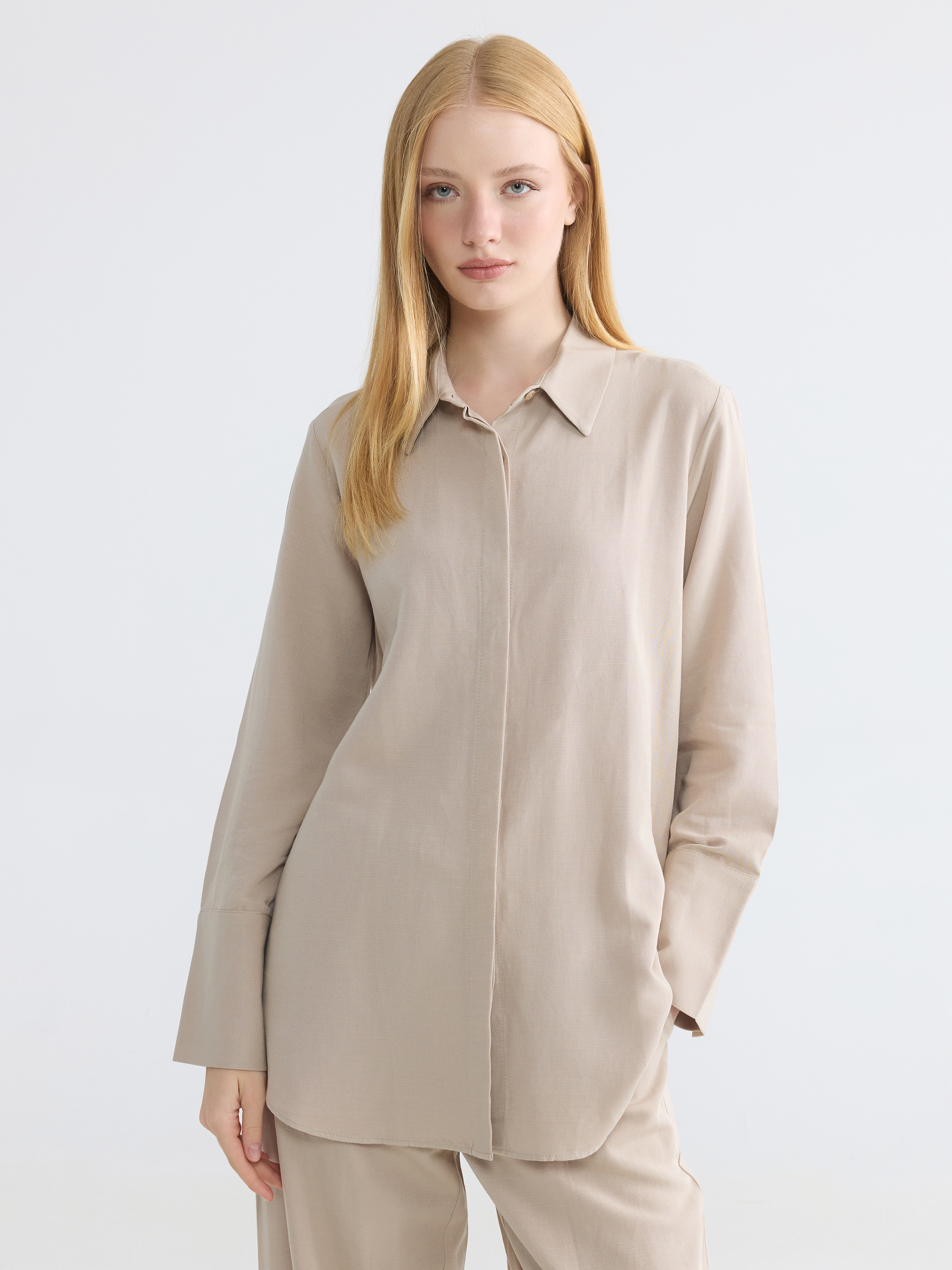 LCW Modest Oversize Keten Karışımlı Kadın Gömlek Tunik
