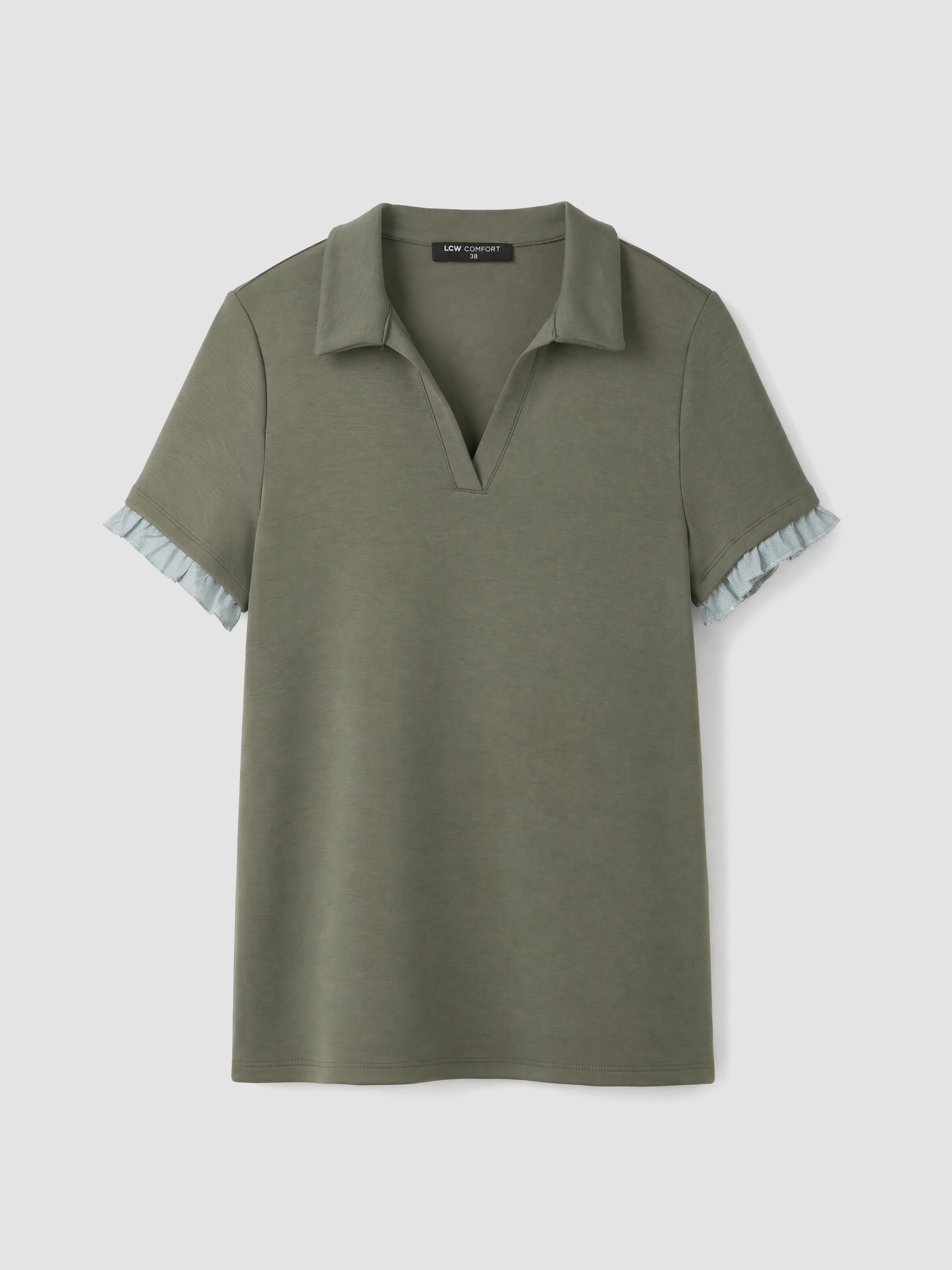 LCW Comfort Polo Yaka Fırfırlı Soft Touch Kadın Tişört görsel 4