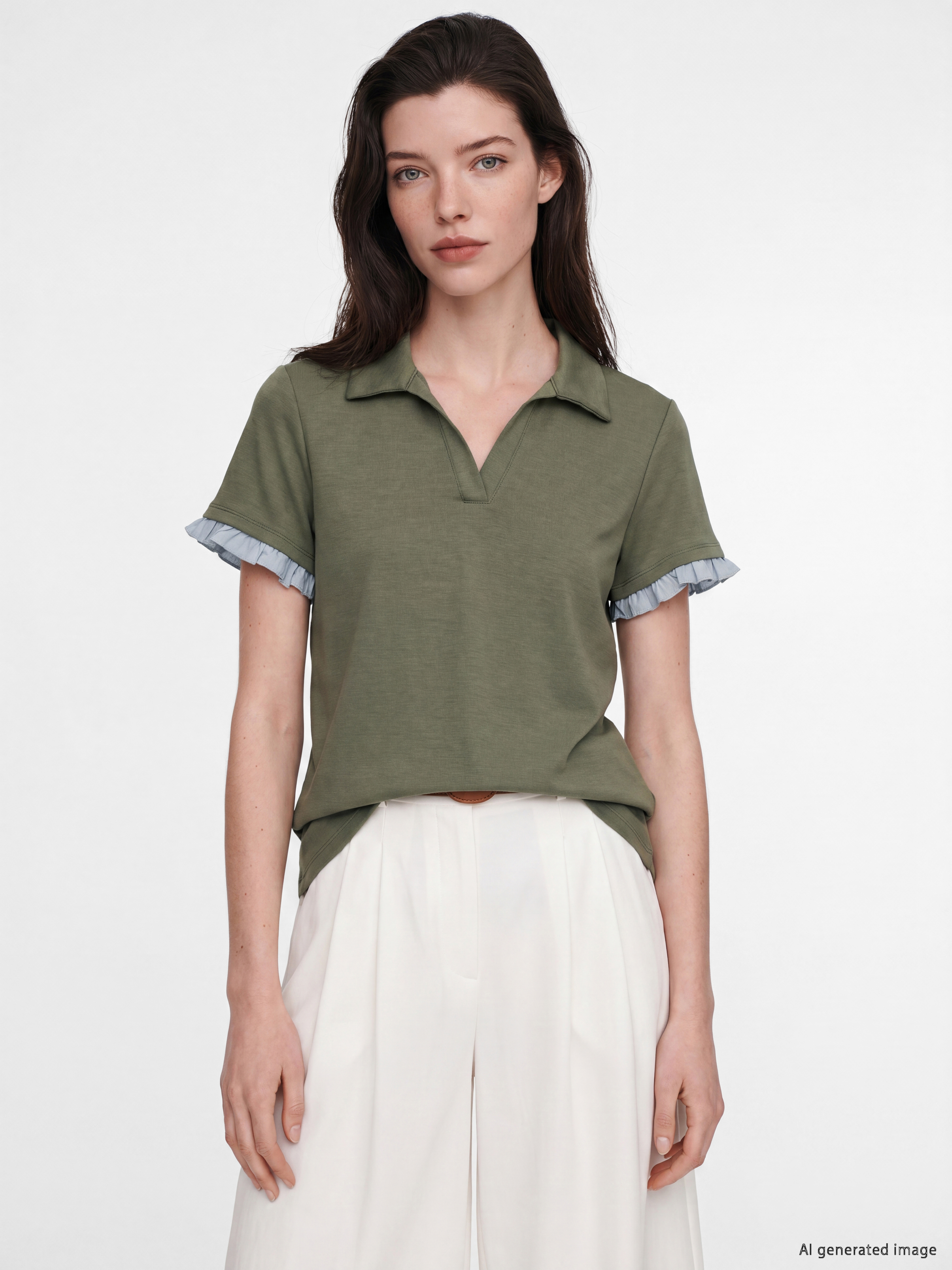 LCW Comfort Polo Yaka Fırfırlı Soft Touch Kadın Tişört