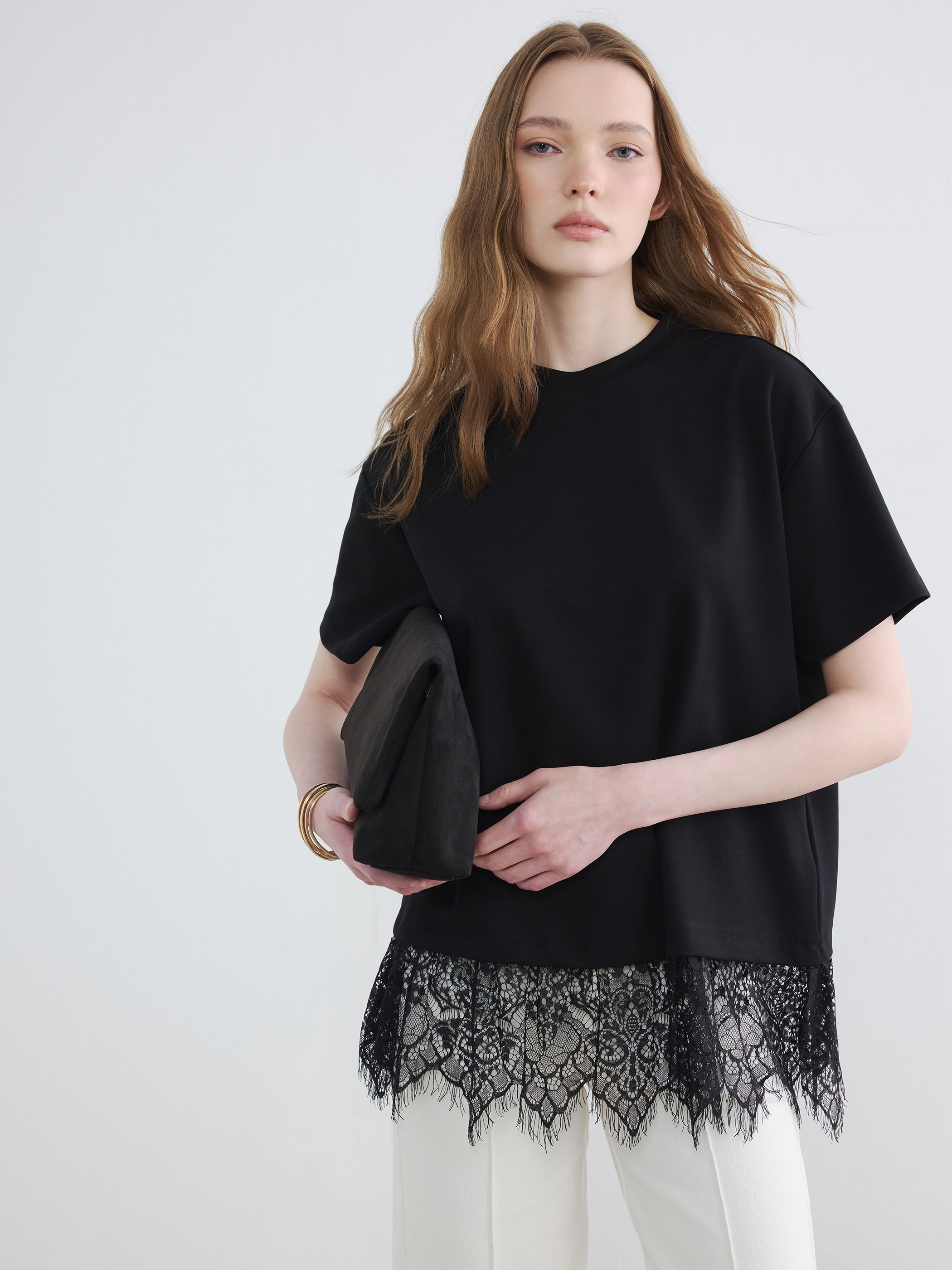 LCW Modest Dantel Detaylı Soft Touch Kadın Tişört