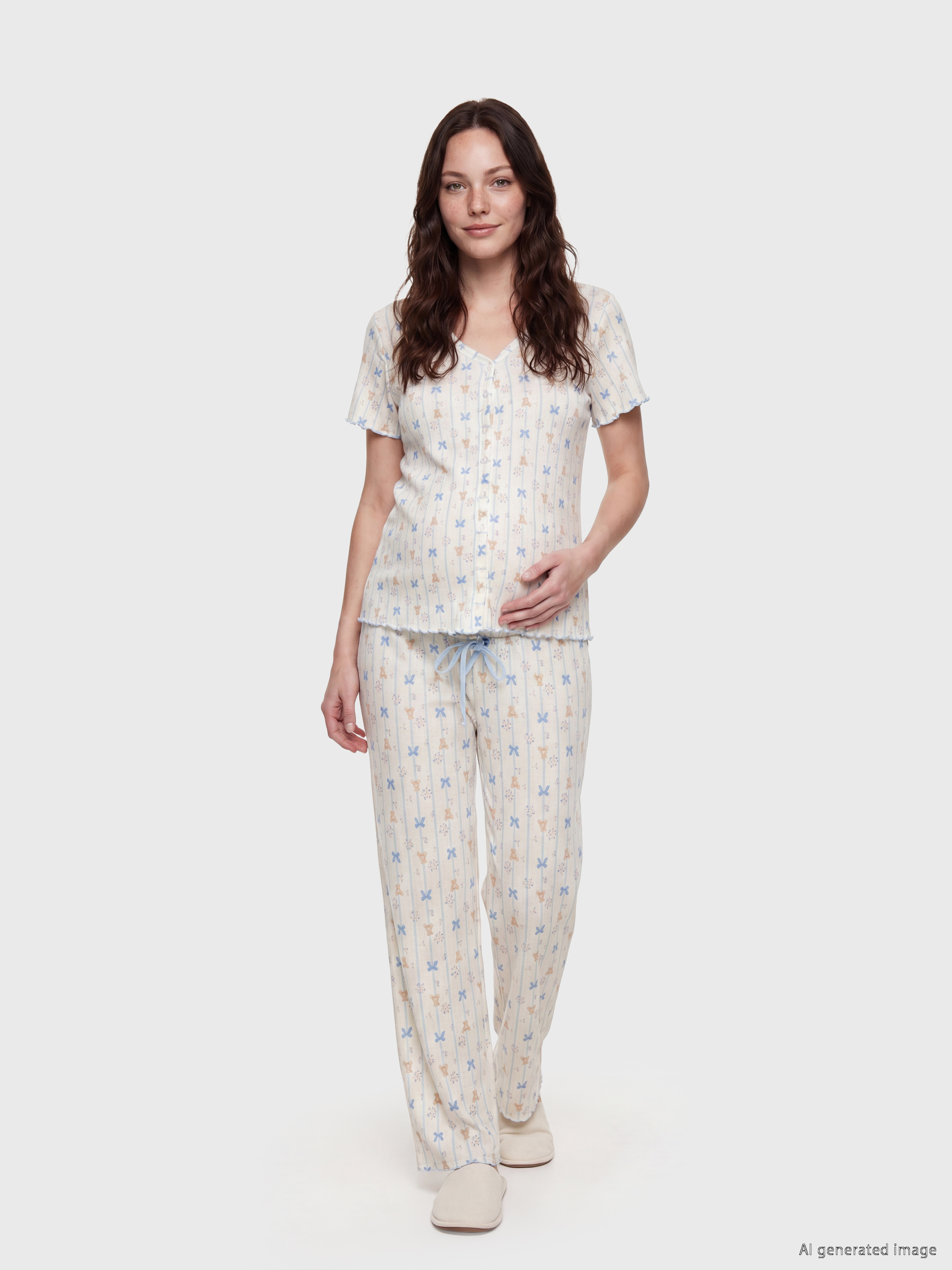 LCW DREAM V Yaka Baskılı Hamile Pijama Takımı