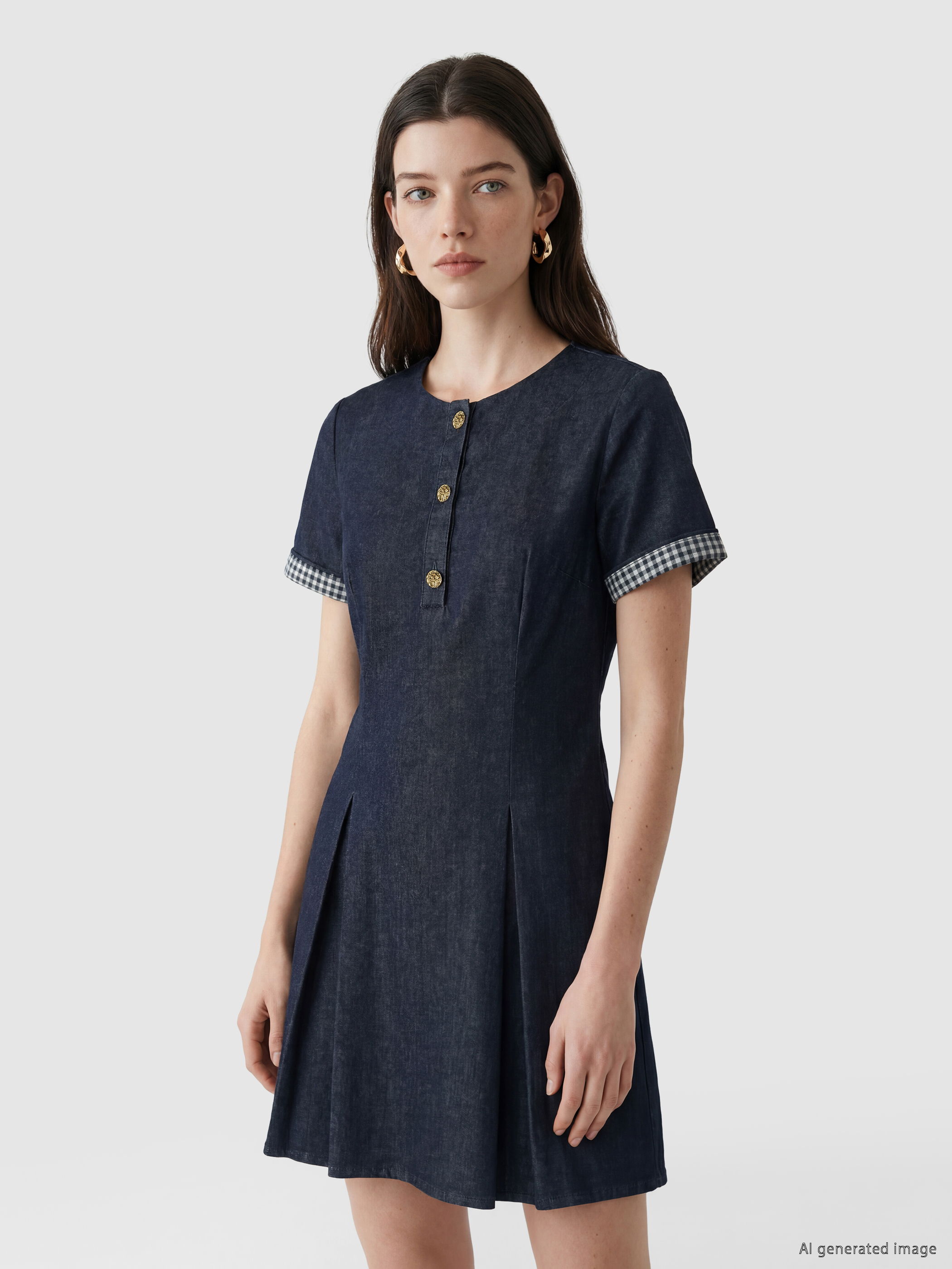 LCW Comfort Bisiklet Yaka Ekose Detaylı Mini Jean Elbise