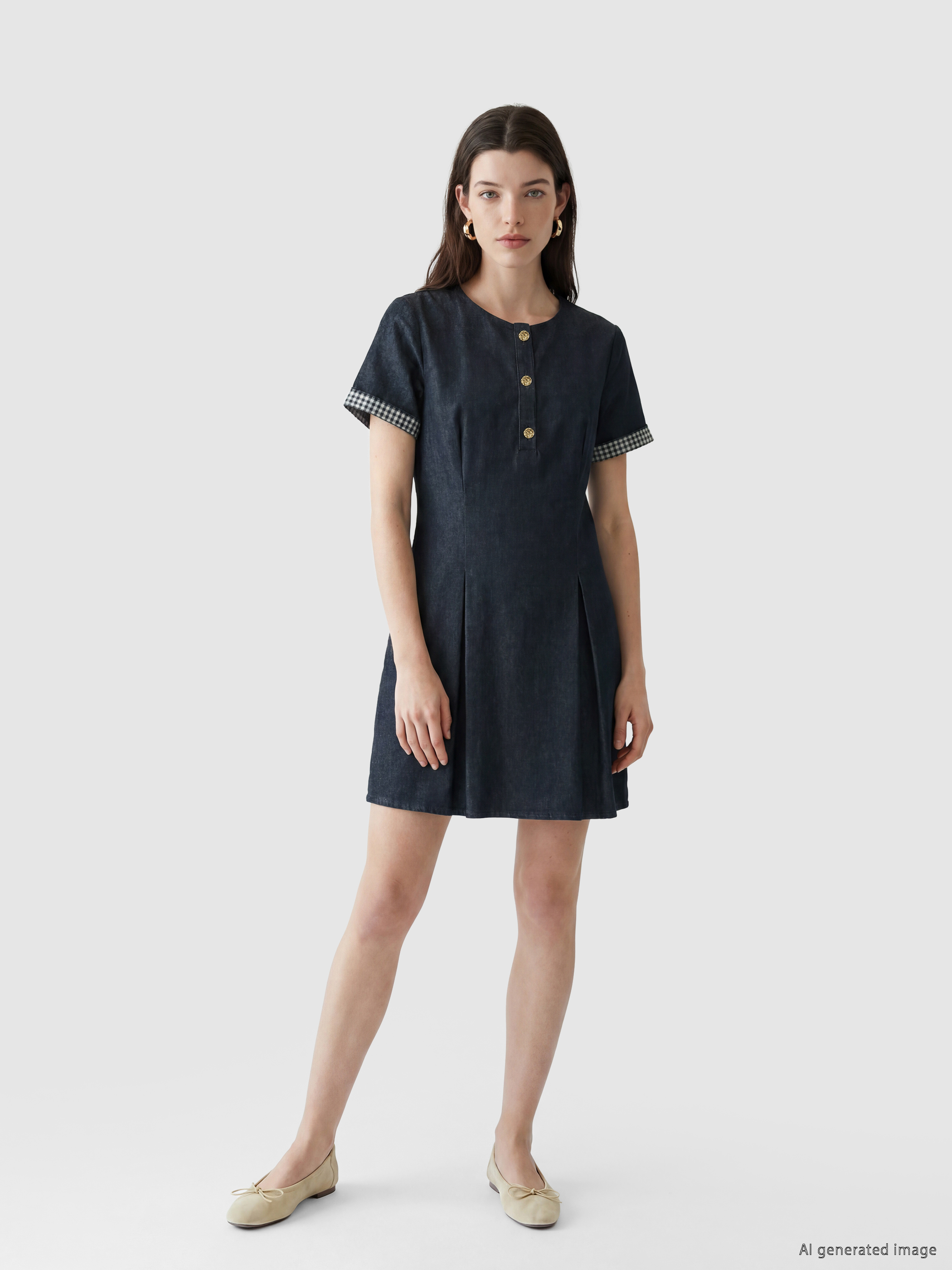 LCW Comfort Bisiklet Yaka Ekose Detaylı Mini Jean Elbise görsel 2