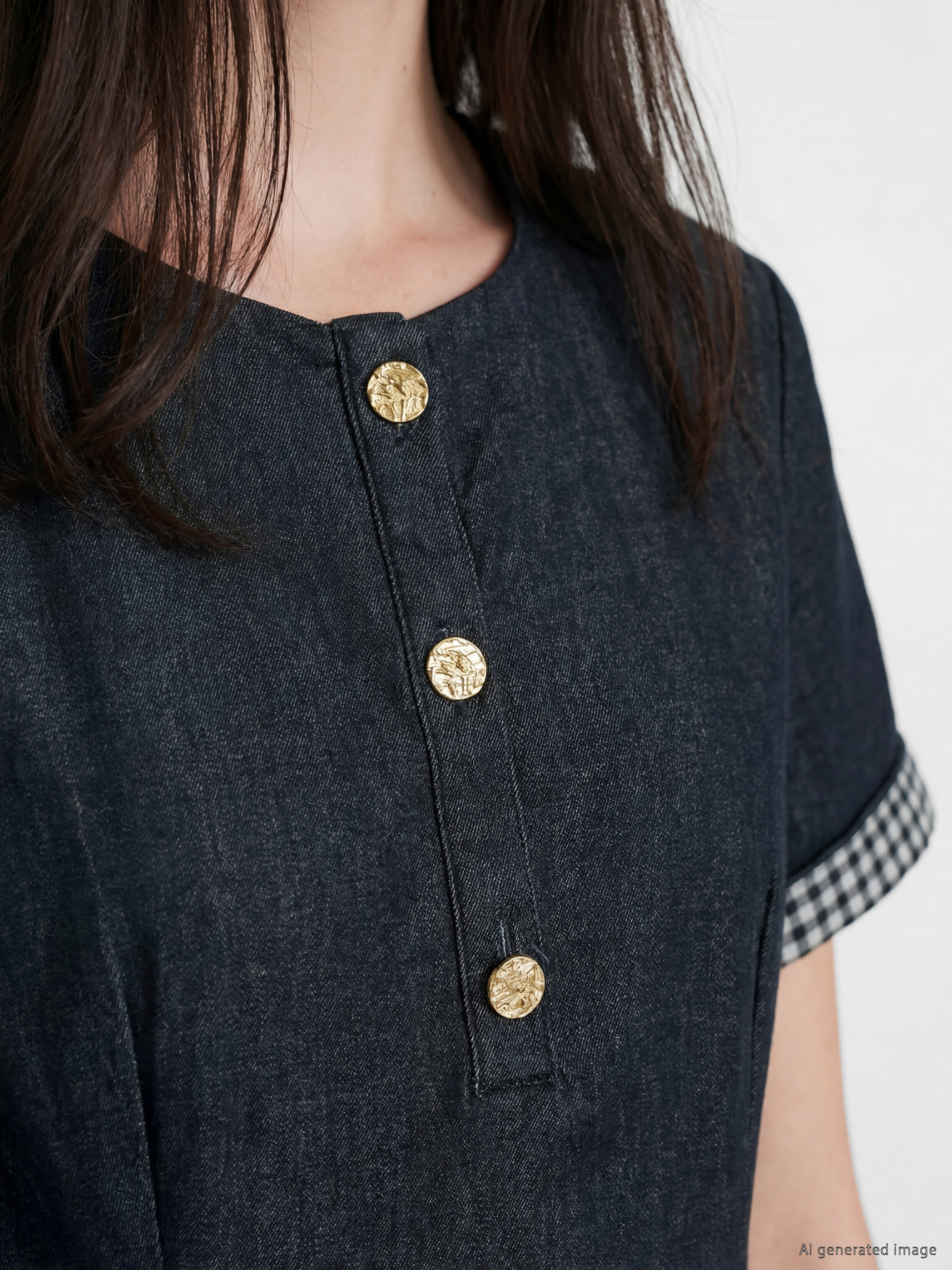 LCW Comfort Bisiklet Yaka Ekose Detaylı Mini Jean Elbise görsel 3