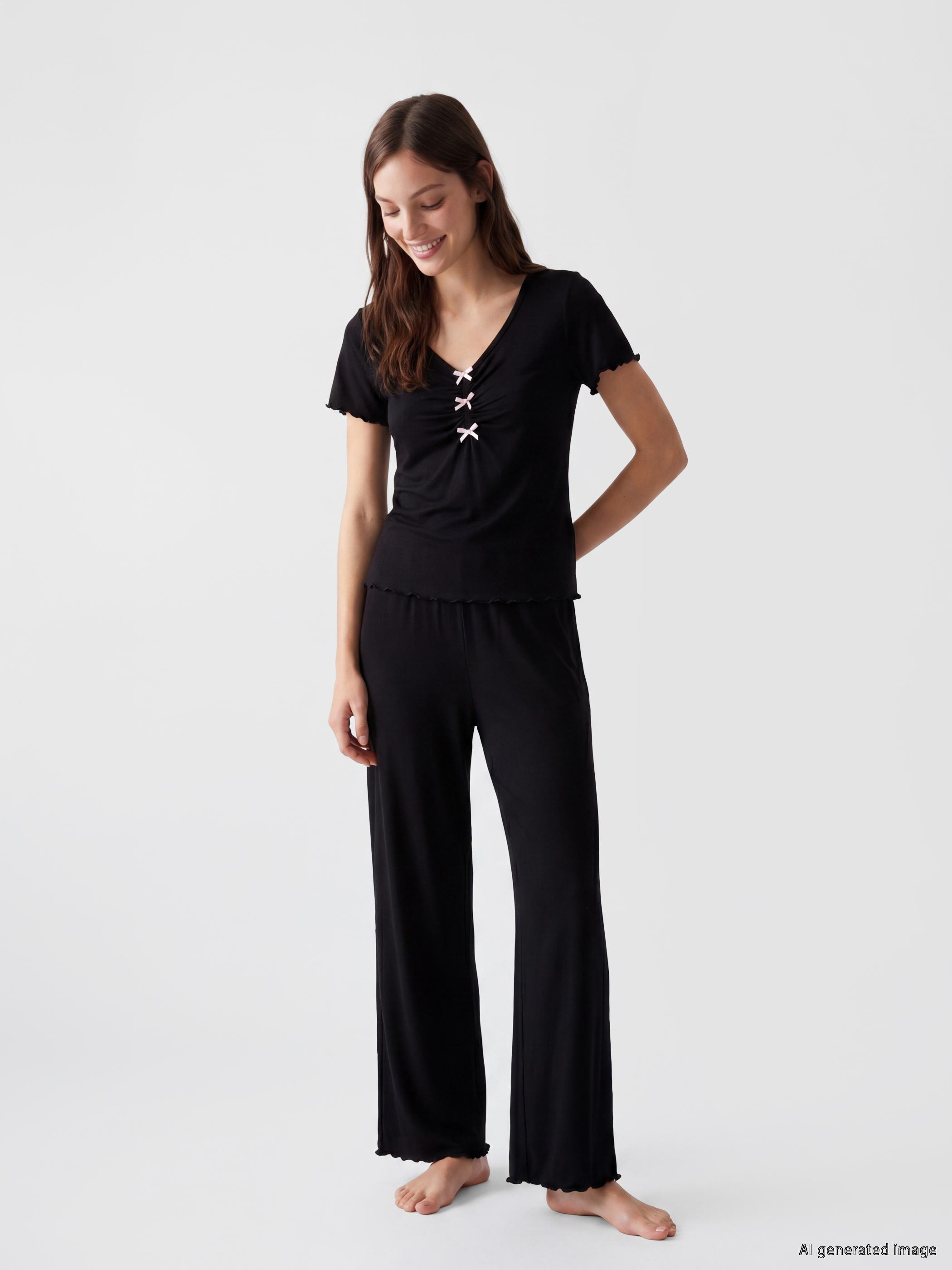 LCW DREAM V Yaka Fiyonk Detaylı Kadın Pijama Takımı