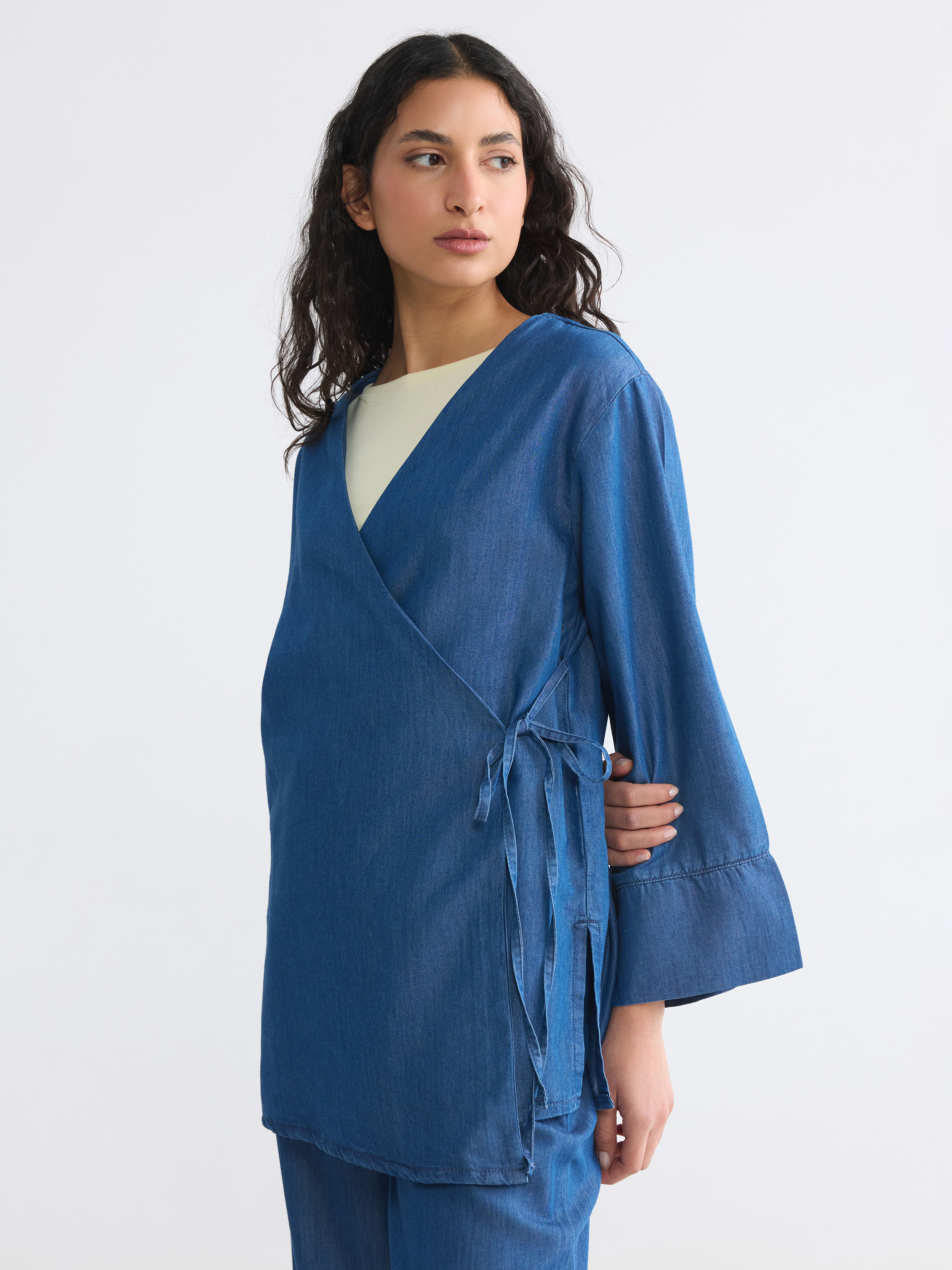 LCW Modest Kruvaze Yaka Kadın Jean Kimono