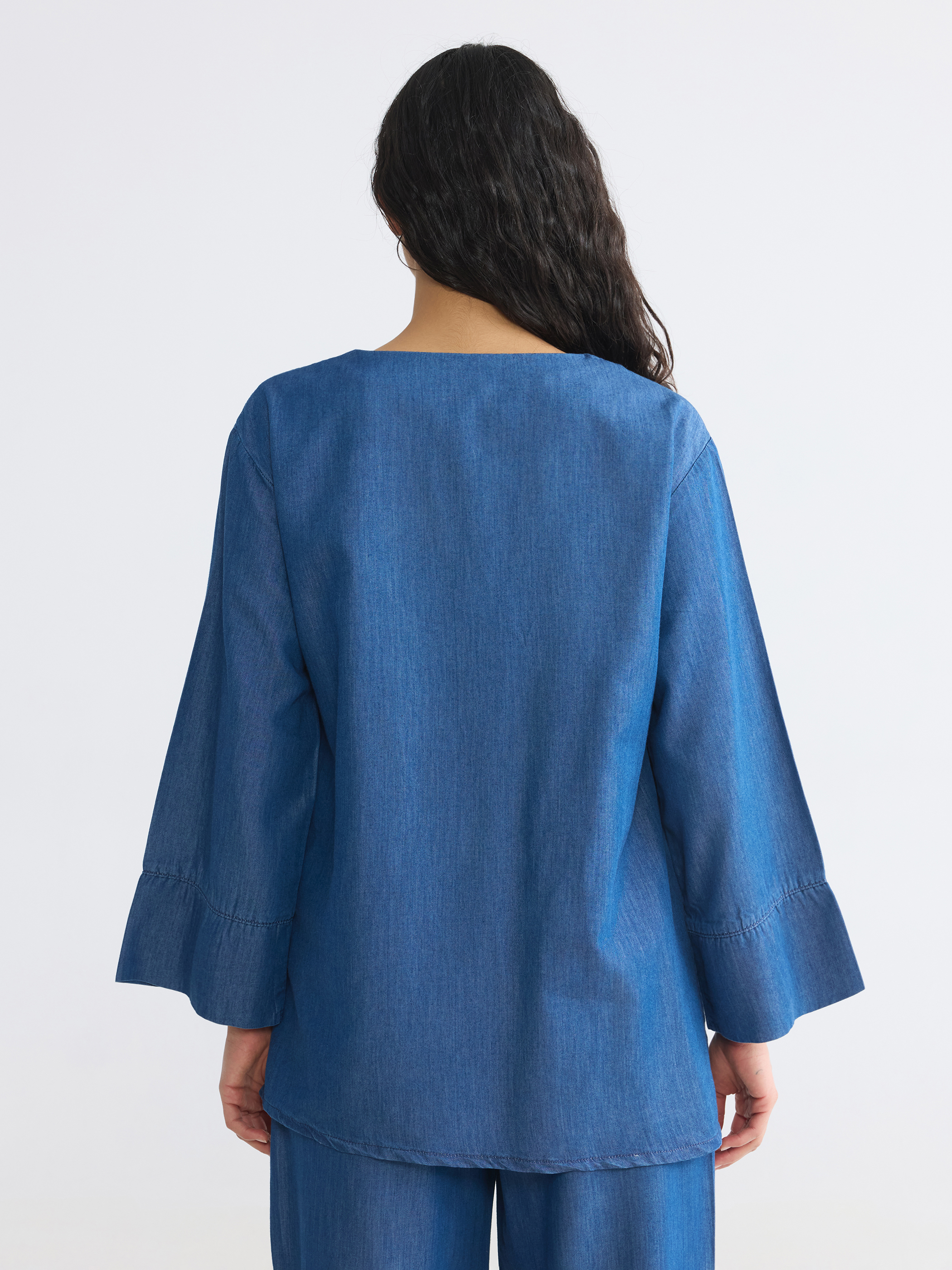 LCW Modest Kruvaze Yaka Kadın Jean Kimono görsel 4
