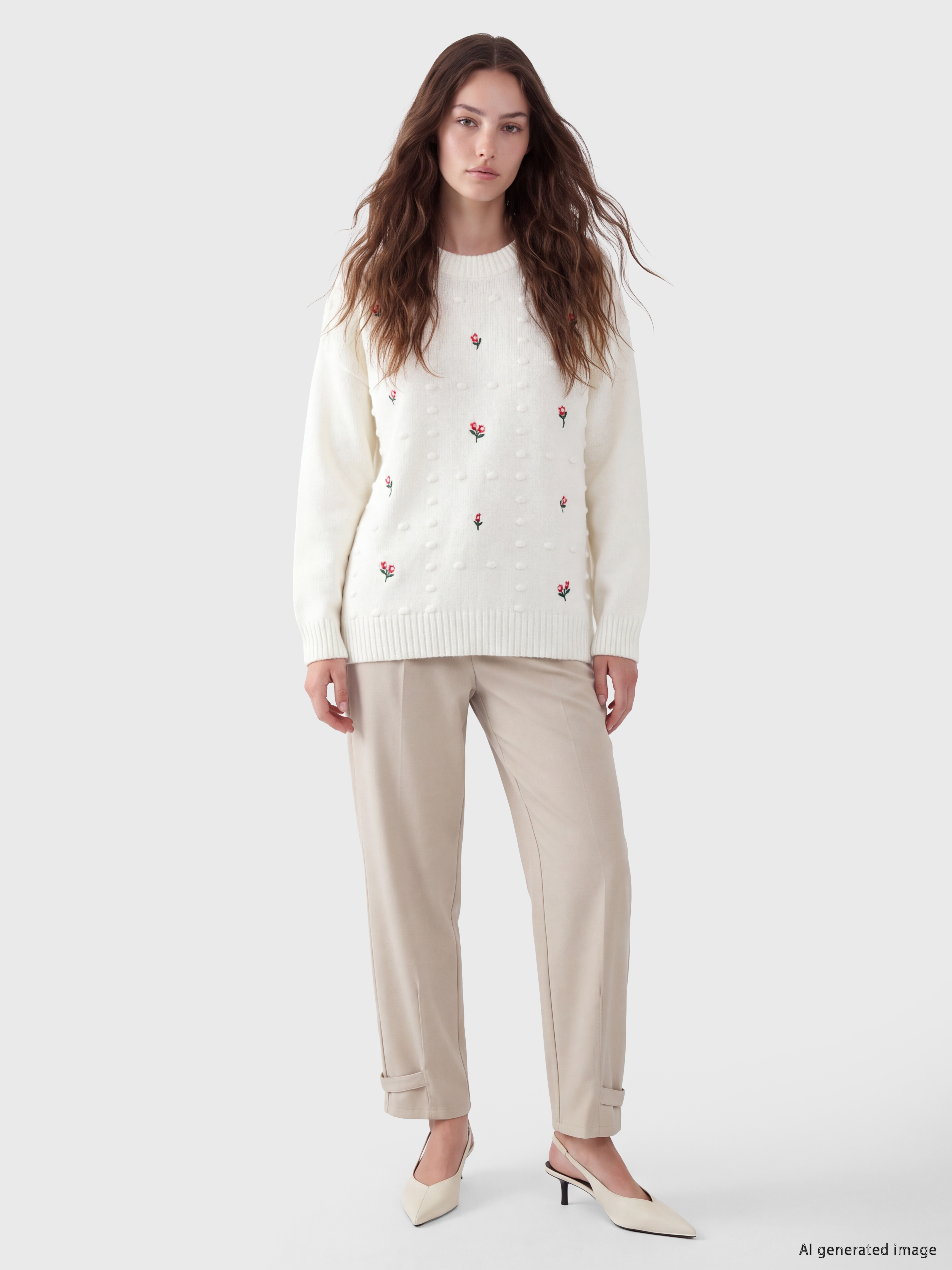 LCW Comfort Bisiklet Yaka Nakışlı Kadın Triko Kazak görsel 2