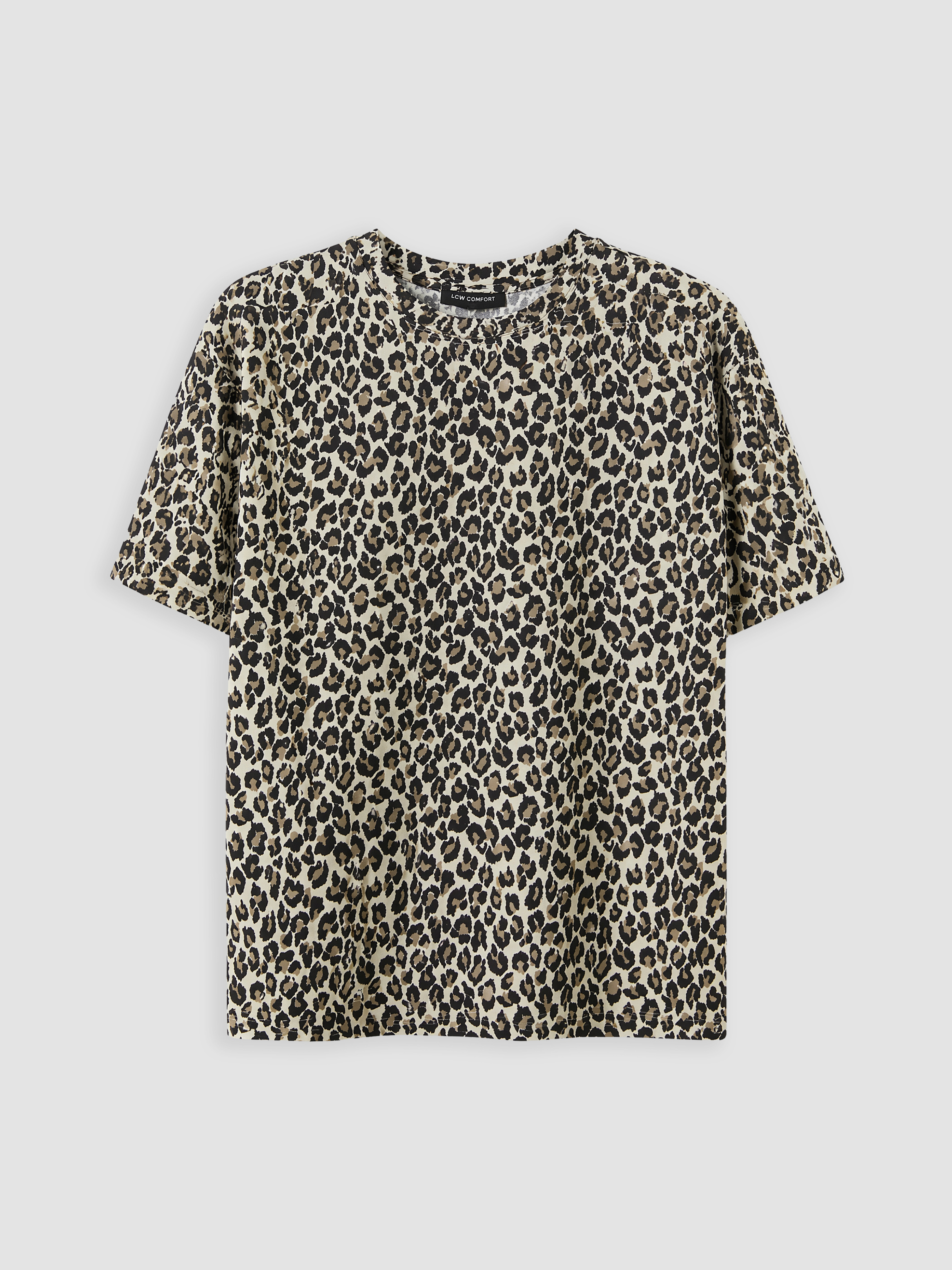 LCW Comfort Bisiklet Yaka Leopar Desenli Kadın Tişört görsel 5