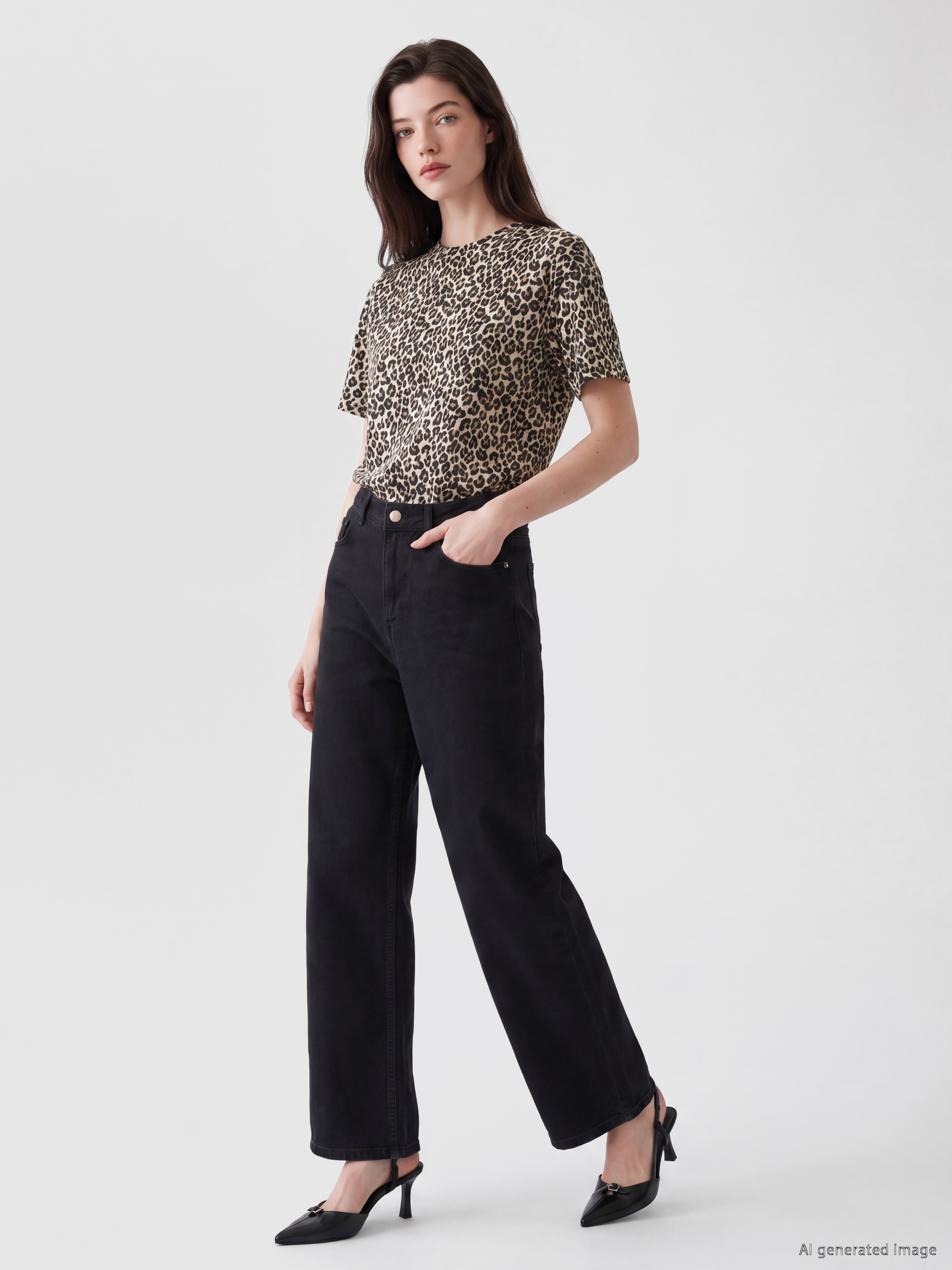 LCW Comfort Bisiklet Yaka Leopar Desenli Kadın Tişört görsel 2