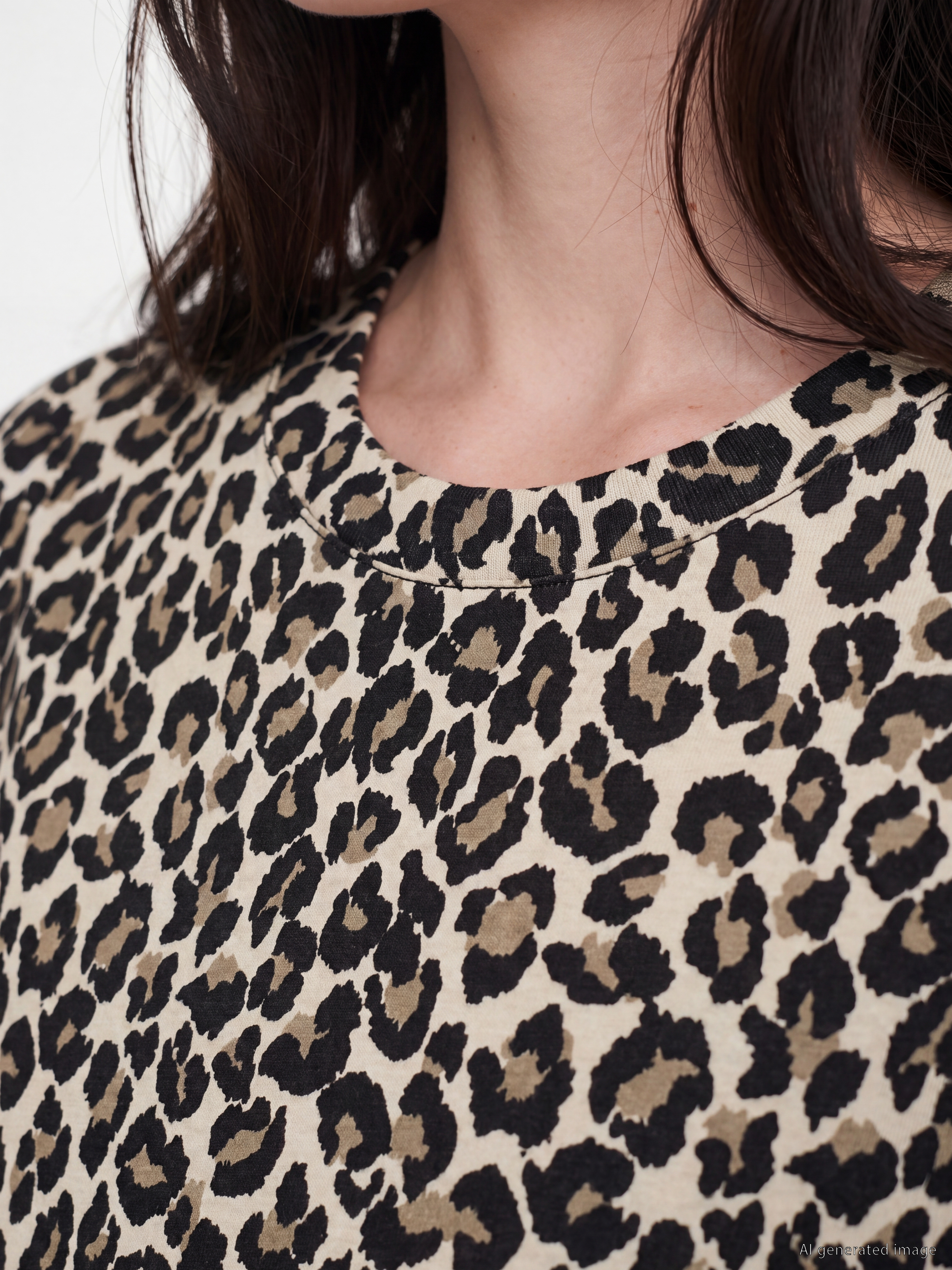 LCW Comfort Bisiklet Yaka Leopar Desenli Kadın Tişört görsel 3